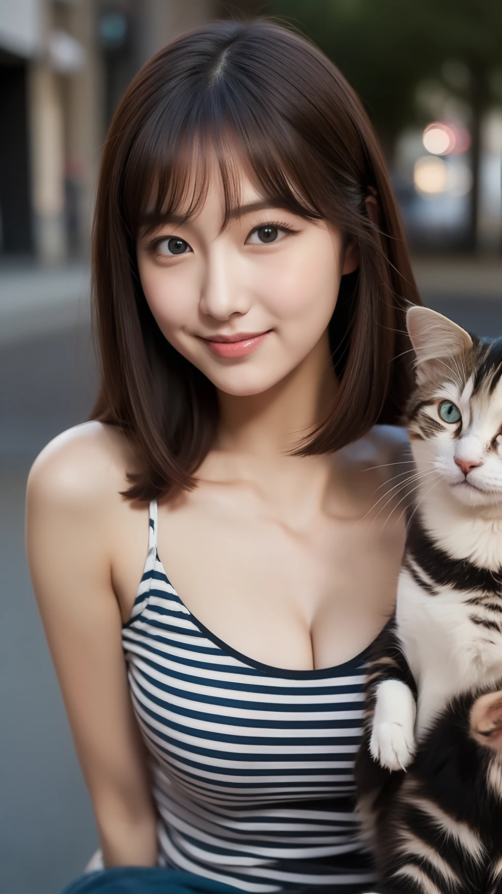 realistic photos of (1 cute Korean star) straight hair, thin makeup, medium breasts size, slightly smile, wearing striped camisole, and pants, sitting and holding a cat, at street side, close-up, satellite image, chiaroscuro, UHD