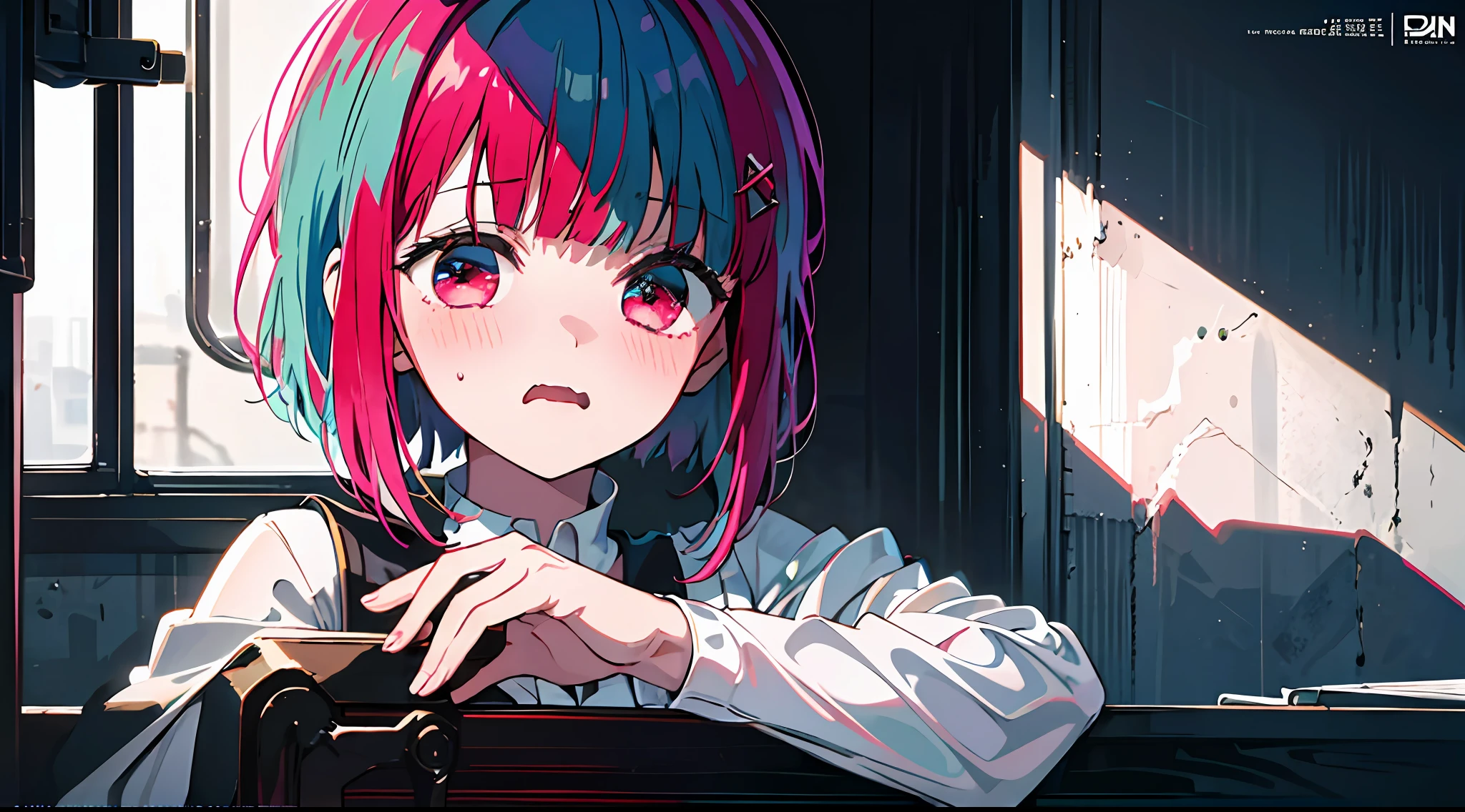 (masterpiece、top-quality、hight resolution)、 full of shyness、Light blue hair、Blue Inner Color、Bob Hair、Star-like eyes、red blush、Wavy mouth、(((Dramatic)))、(((gritty)))、(((vehement))))The poster of the film appears as a central character。She is shy in the center of the poster、Wearing an idol costume、Has a determined look。The background is dark and rough、I feel like I'm drunk。Text is bold and eye-catching、Catchy slogans add to the overall drama and excitement。The color palette is dominated by dark colors.、Bright colors dotted、Make your poster dynamic and visually impactful、Tachi- e(magazine:1.3)、(cover-style:1.3)、Fashionable、with a vibrant、outfits、the pose、the front、colourfull、Dynamic、Background with、element、self-assured、Expressively、ngel、statement、attachment、An majestic、coiled、surroundings、Touch、The scene、Texto、covers、boldface、grab attention、Titles、lo fashion、Font、Catchy、Titles、Large、grab attention、moderno、 Trendy、concentrating、Stylish、1 girl in