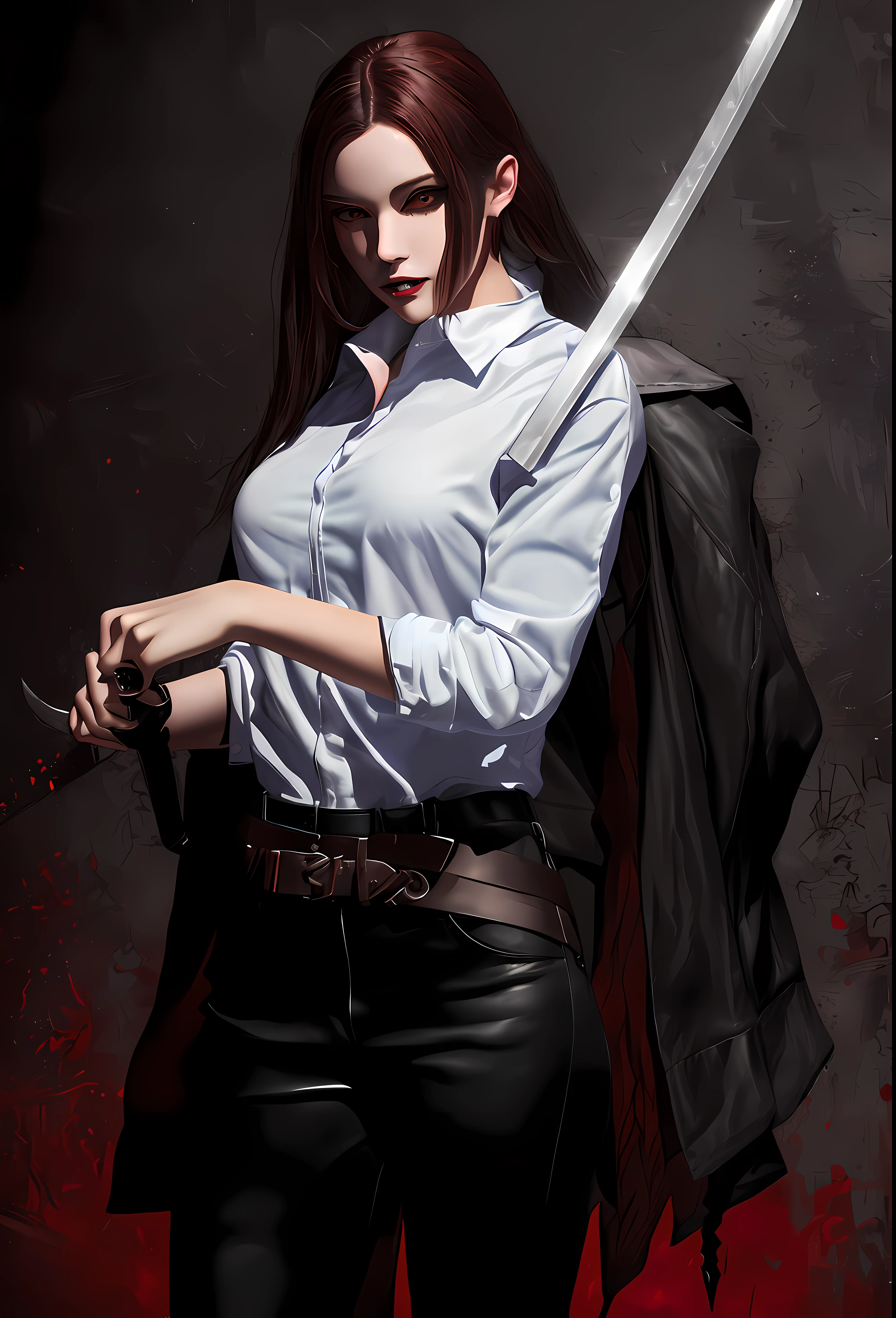 arafed image of a woman in a white shirt and black leather pants holding a sword, androgynous vampire, by Yang J, female vampire warrior, female vampire, dark fantasy style art, style of raymond swanland, female assassin, she is holding a sword, female rouge assassin, dark fantasy character design, alena aenami and artgerm, 2b