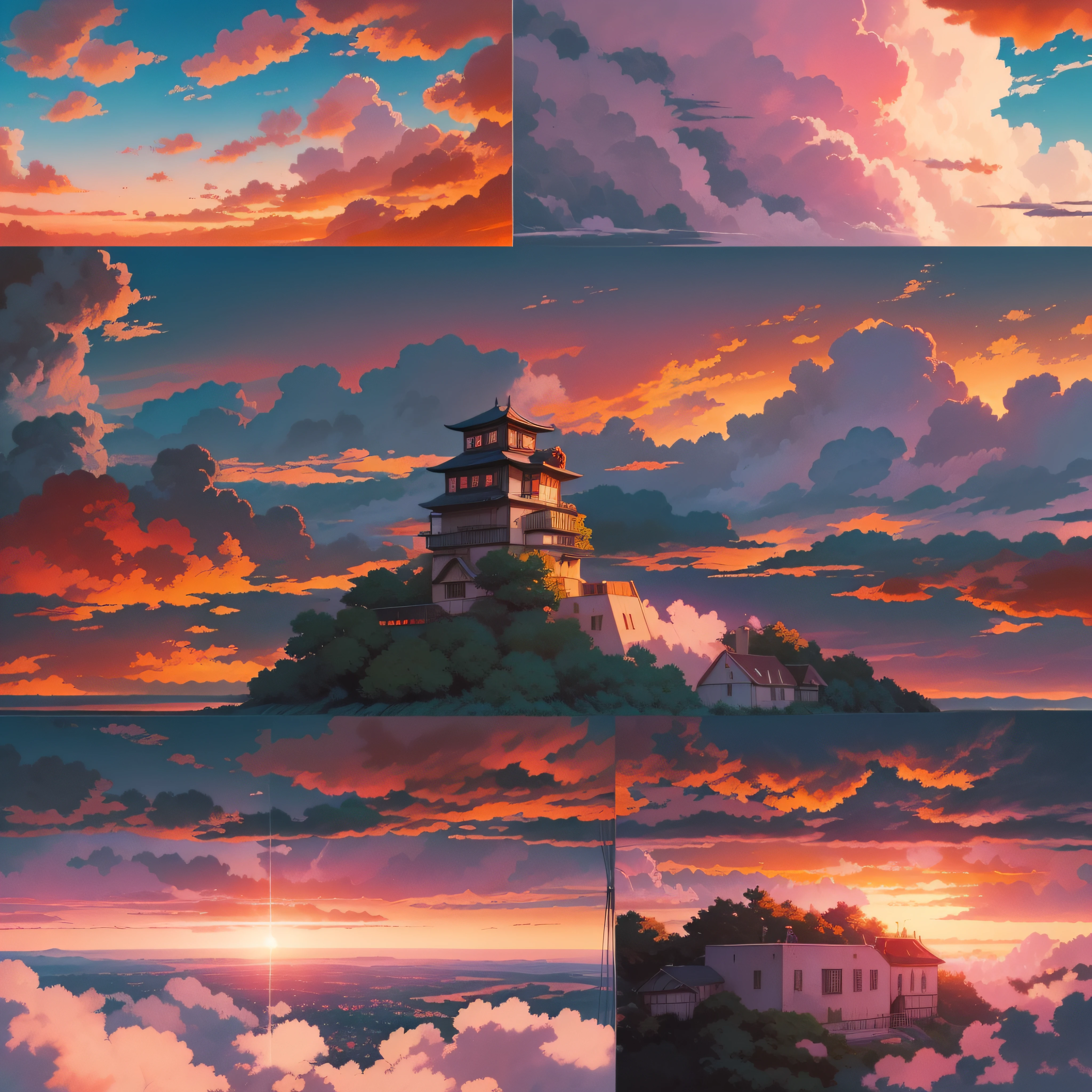 animesque、Skyscape with clouds、Red sunset sky、Deities々Shikai、You can see the touch of the brush、Studio Ghibli、Ghibli、a sultry、Scenery、Style、The light is sparkling