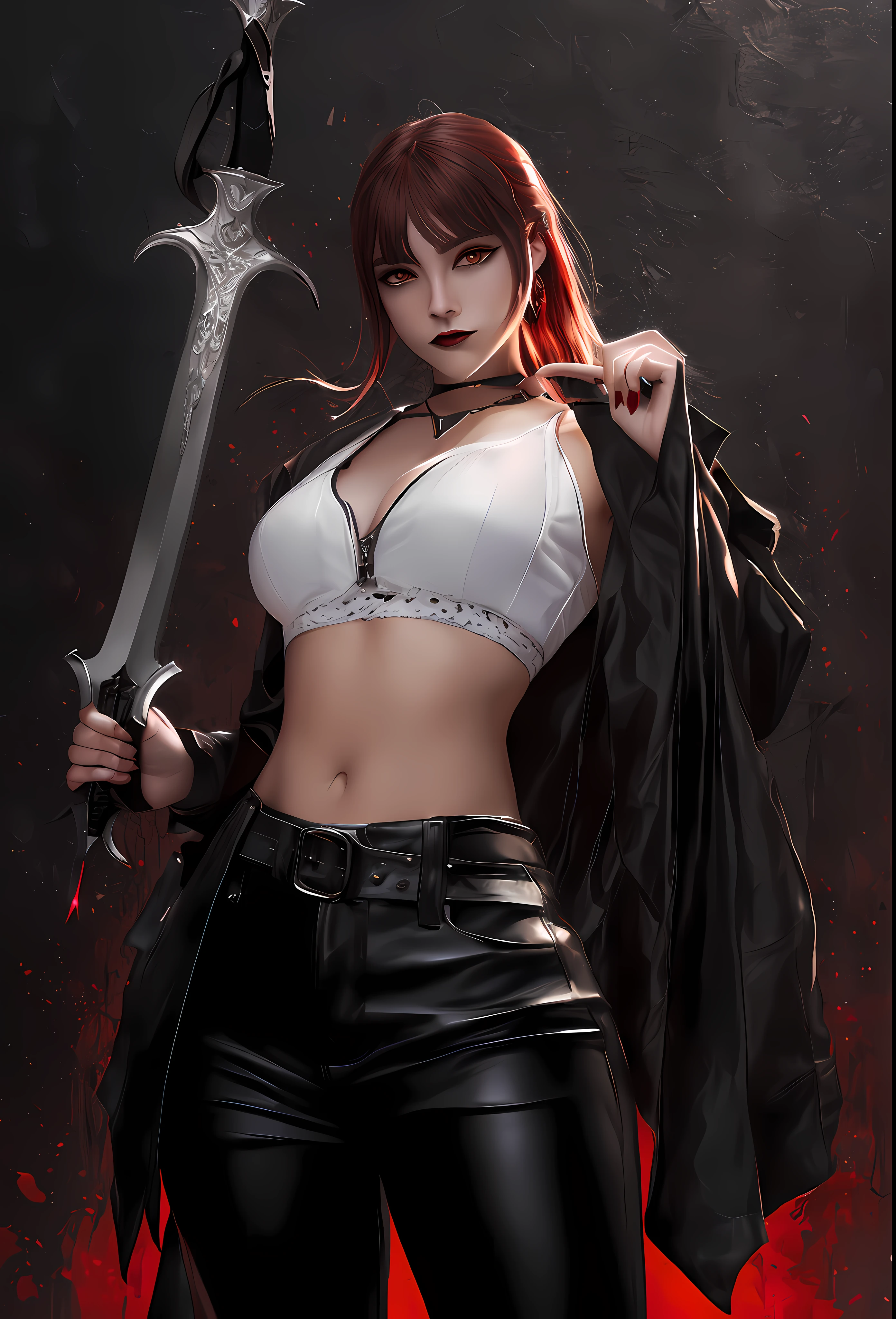 arafed image of a woman in a white shirt and black leather pants holding a sword, androgynous vampire, by Yang J, female vampire warrior, female vampire, dark fantasy style art, style of raymond swanland, female assassin, she is holding a sword, female rouge assassin, dark fantasy character design, alena aenami and artgerm, 2b