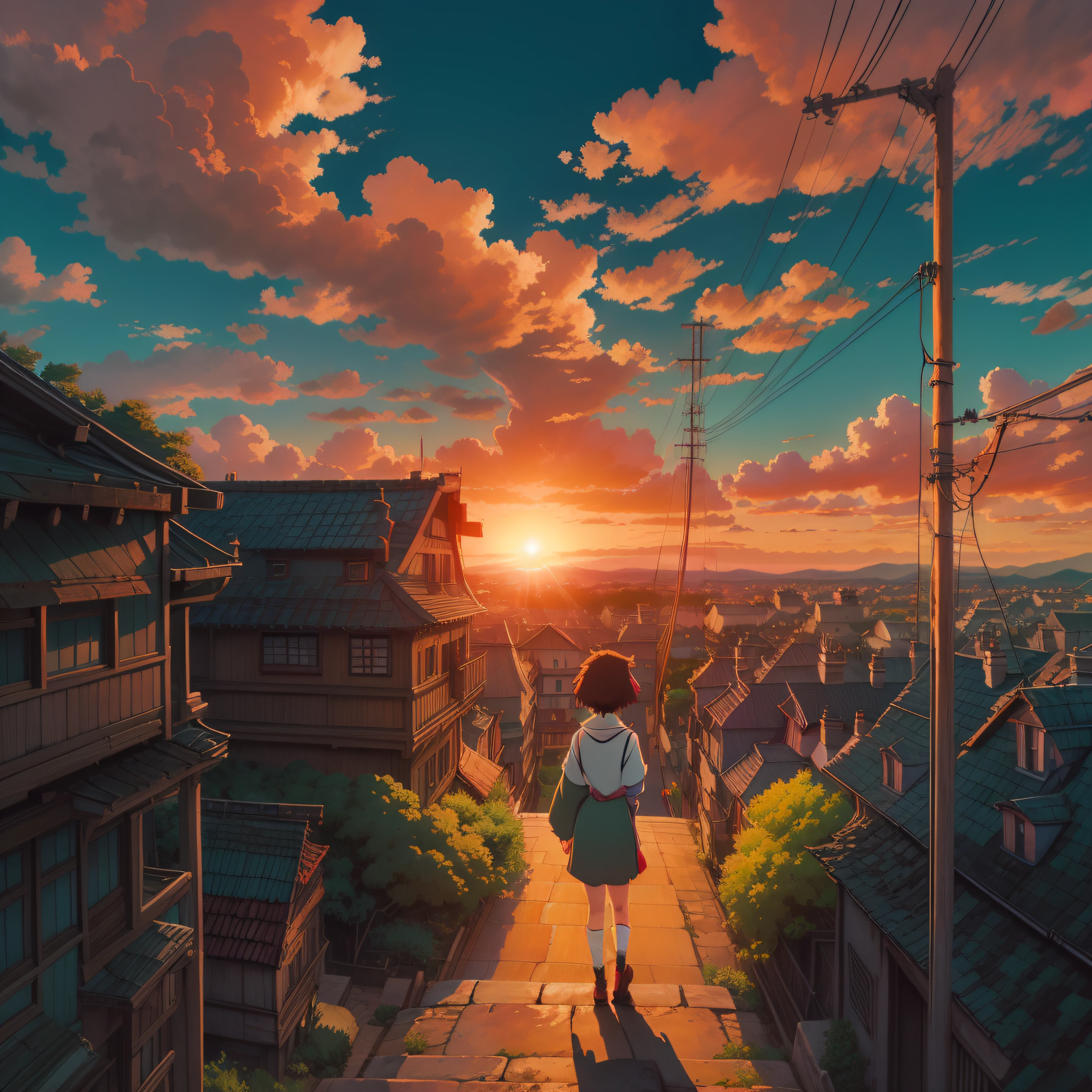 animesque、Skyscape with clouds、Red sunset sky、Deities々Shikai、You can see the touch of the brush、Studio Ghibli、Ghibli、a sultry、Scenery、Style、The light is sparkling