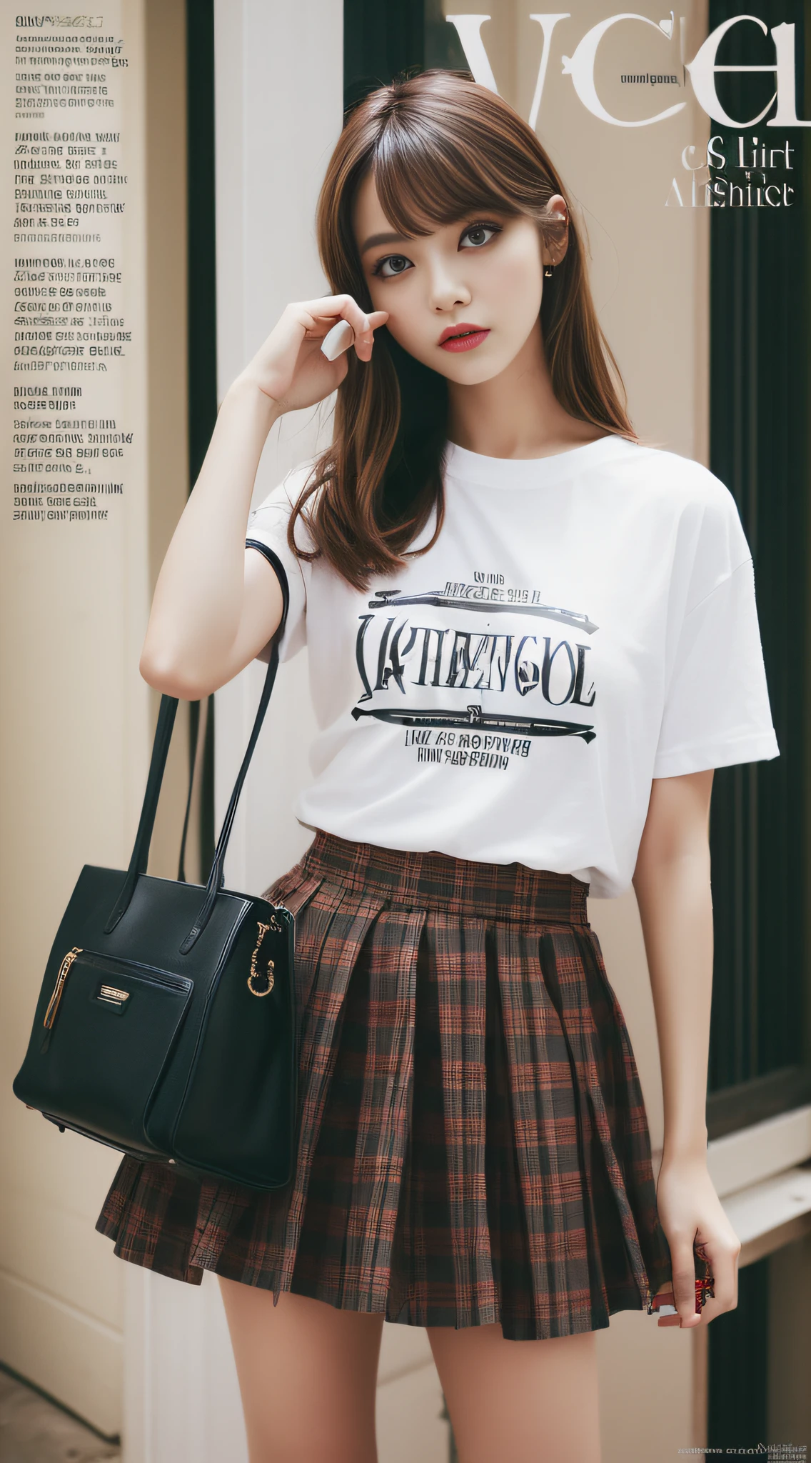 A super beautiful girl,Big bright eyes,Cool feeling,(Fashion magazine Cole:1.3),(mini skirt, graphic tee, combat boots)