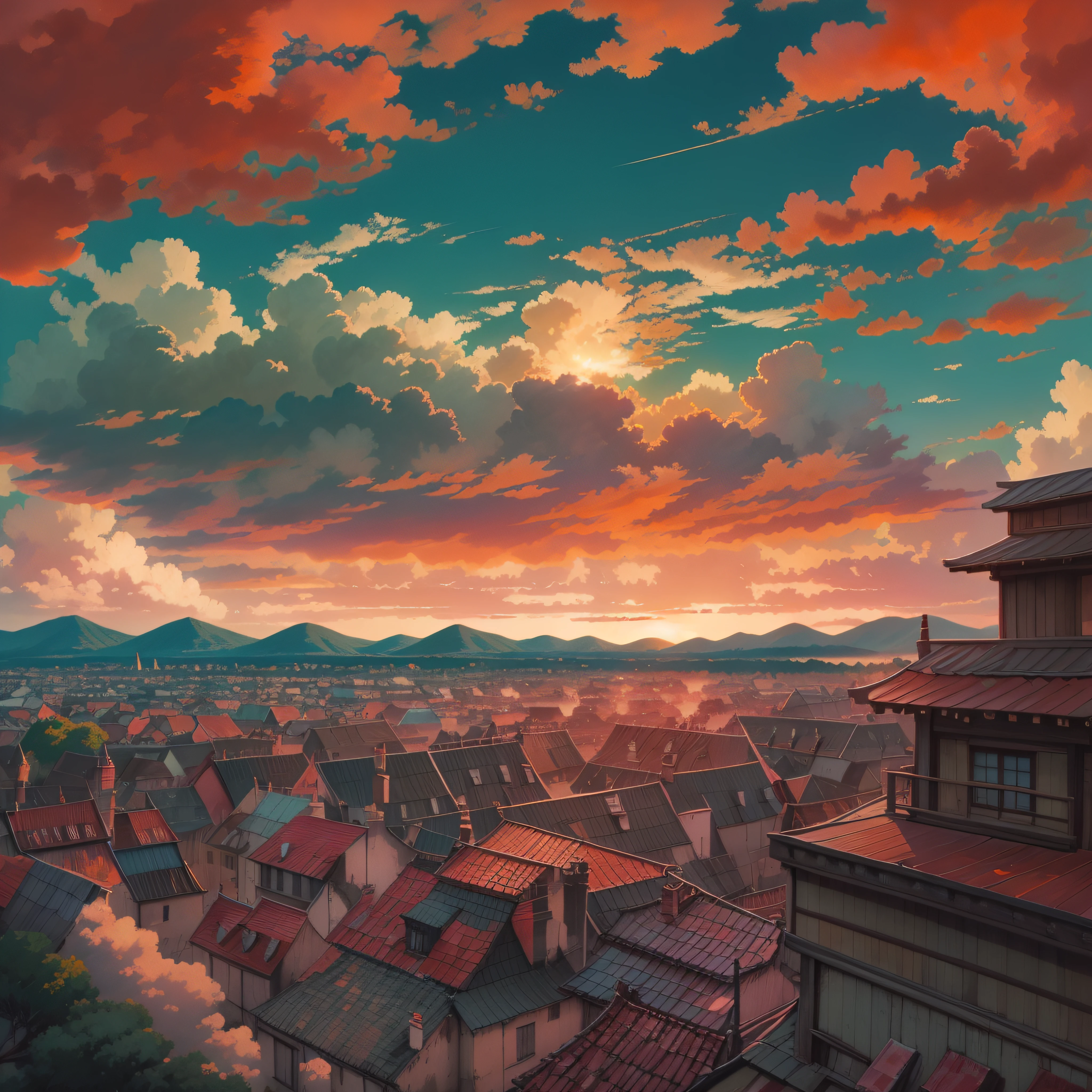 animesque、Skyscape with clouds、Red sunset sky、Deities々Shikai、You can see the touch of the brush、Studio Ghibli、Ghibli、a sultry、Scenery、Style、The light is sparkling