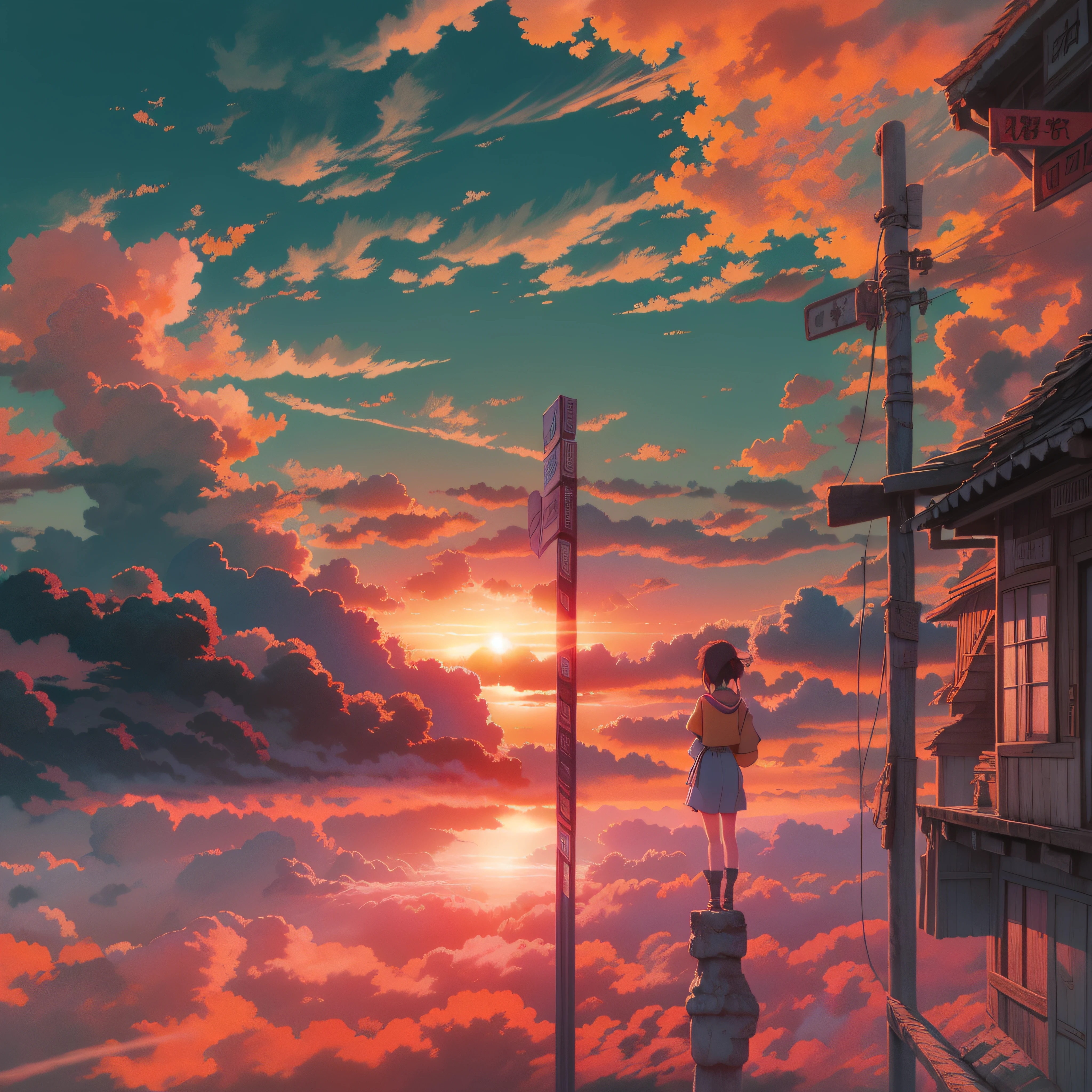animesque、Skyscape with clouds、Red sunset sky、Deities々Shikai、You can see the touch of the brush、Studio Ghibli、Ghibli、a sultry、Scenery、Style、The light is sparkling