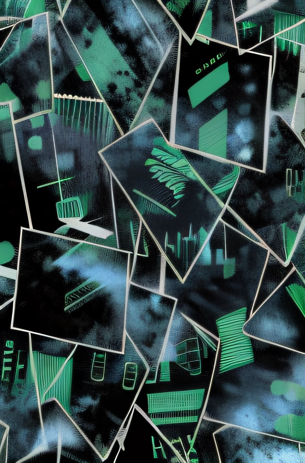 Close-up of a pile of green and black paper, Black and teal paper, abstract album cover, Screen printing textures, fragmented typography, overlaid with aizome patterns, Textured city at night, vhs static overlay, abstract conceptual, abstract art representing data, Abstract illustration, anime screenshot pattern, Network mode, textile print, cybernetic wallpaper --auto