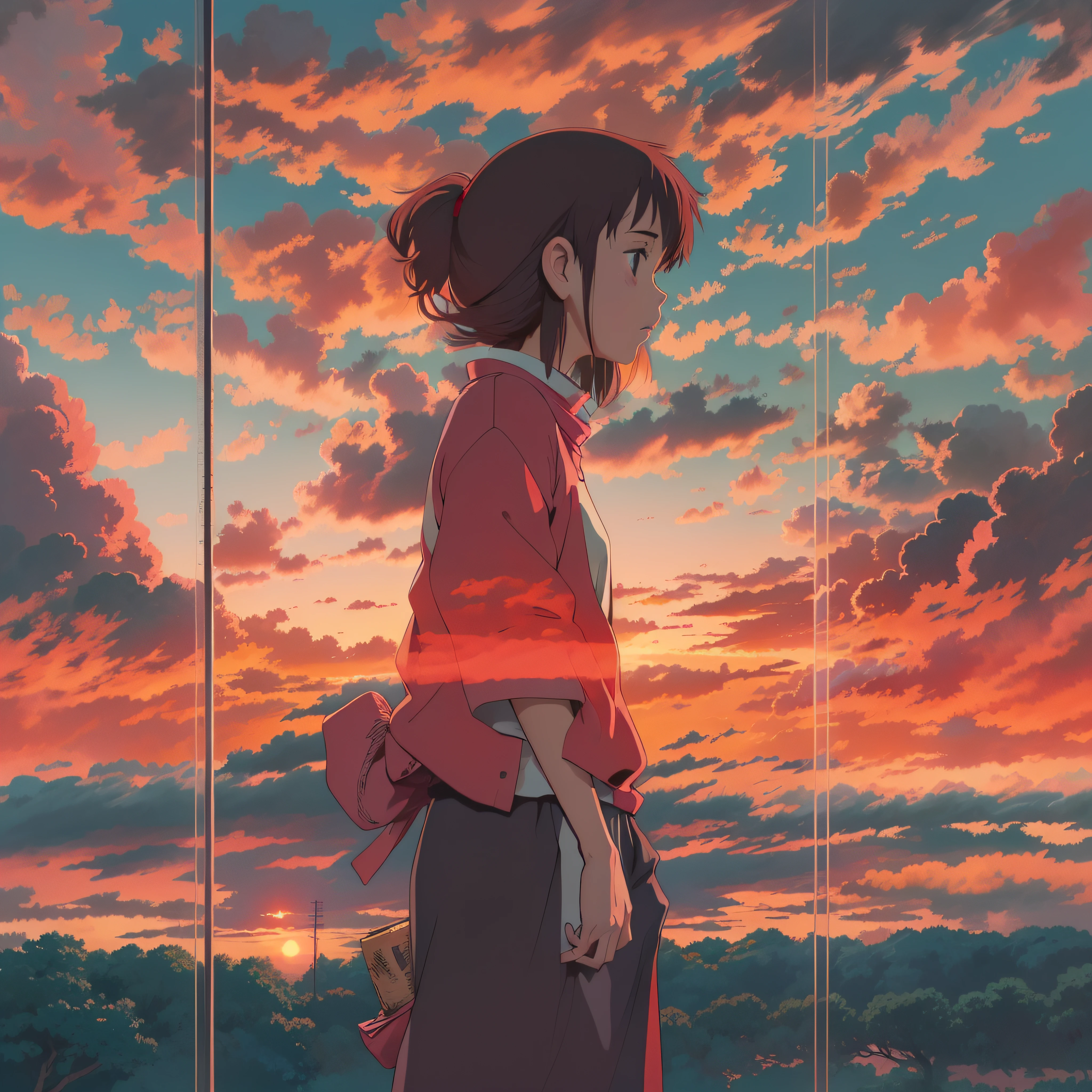 animesque、Skyscape with clouds、Red sunset sky、Deities々Shikai、You can see the touch of the brush、Studio Ghibli、Ghibli、a sultry、Scenery、Style、The light is sparkling