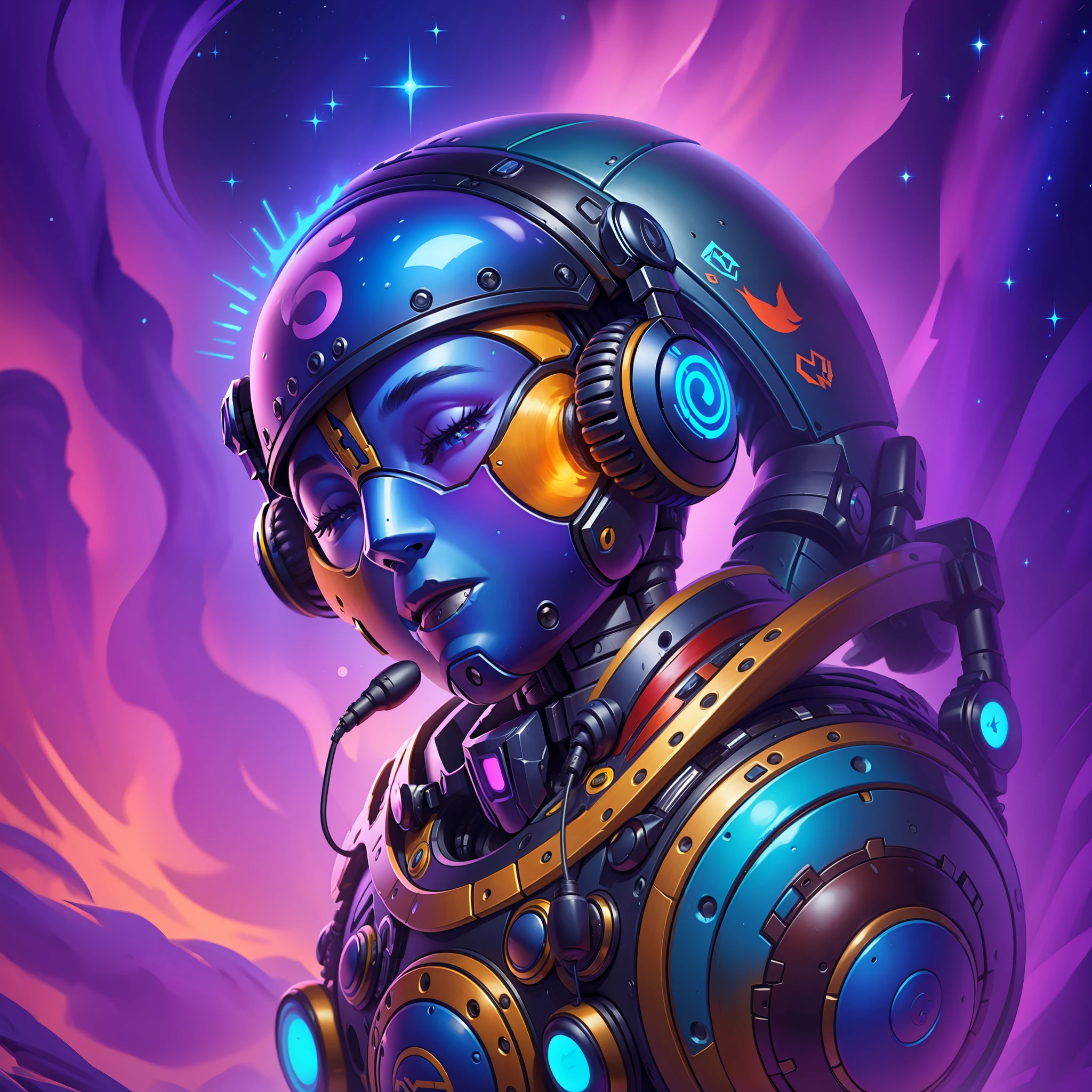 (melhor qualidade) robo escutando musica, fundo astrato musical