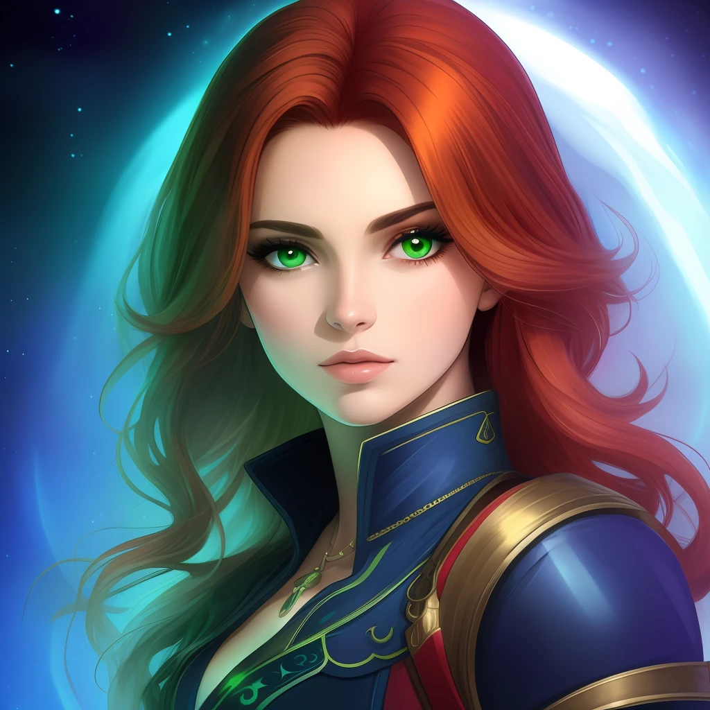 Personagem de fantasia, ruiva, olhos verdes brilhantes