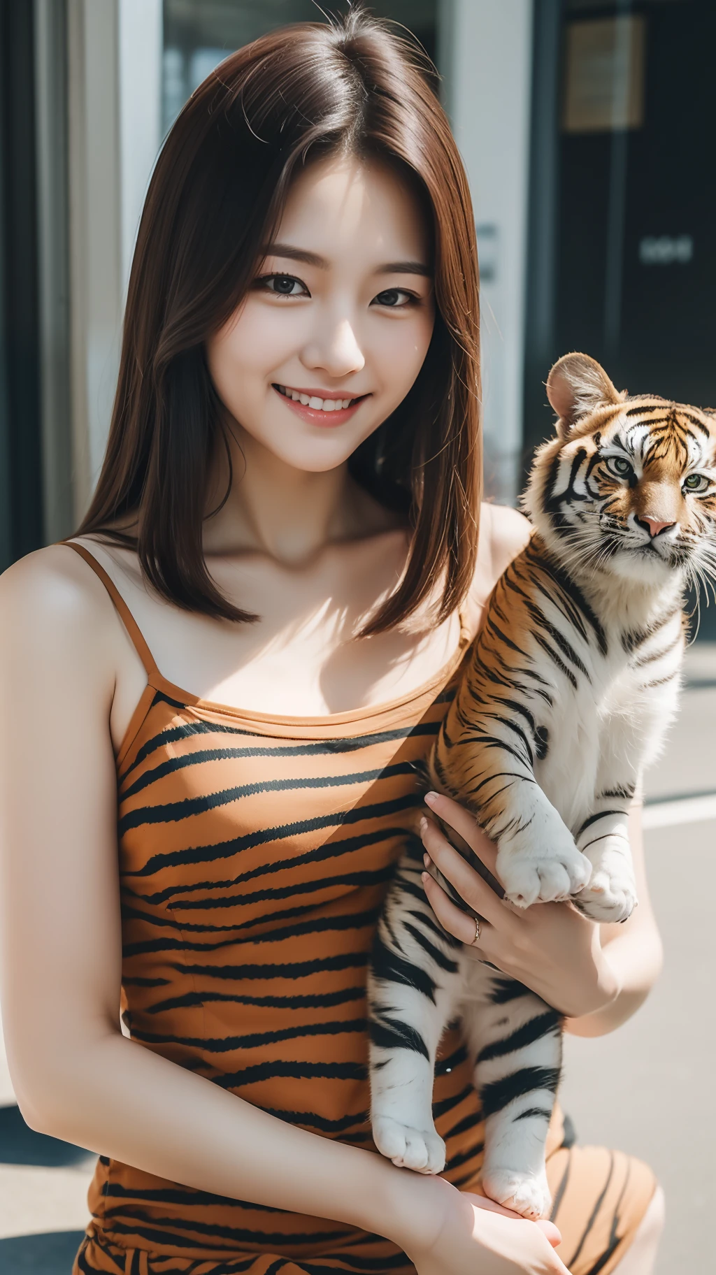 realistic photos of (1 cute Korean star) straight hair, thin makeup, medium breasts size, slightly smile, wearing tiger pattern camisole, and pants, sitting and holding a cat, at street side, close-up, satellite image, chiaroscuro, UHD