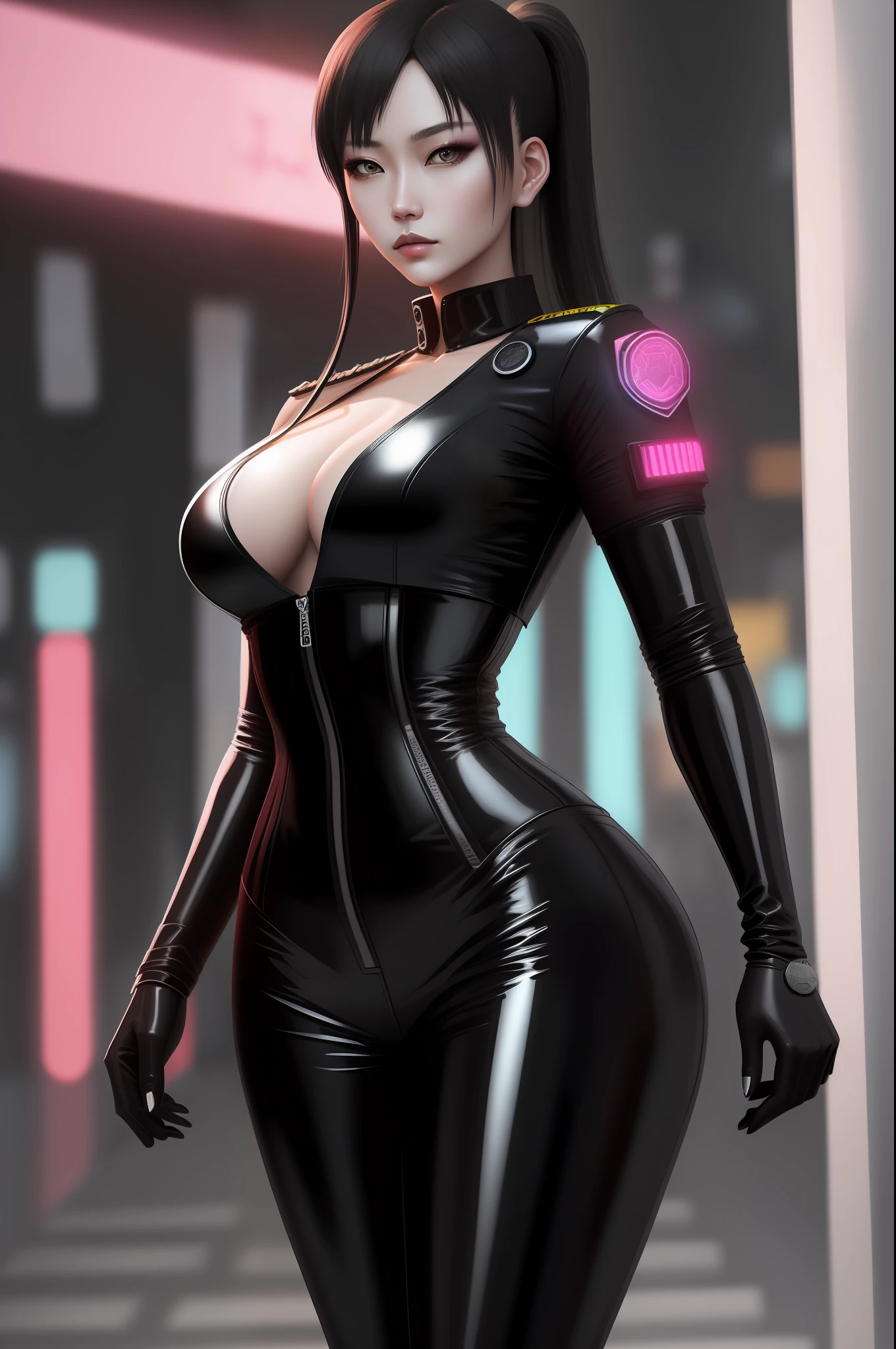 arafed woman in a police uniform posing for a picture, cyberpunk art inspired by Feng Zhu, trending on cg society, shin hanga, very sexy outfit, wearing atsuko kudo latex outfit, captivating and enticing, wearing black latex outfit, imposing and dominating, sexy outfit, full body xianxia, elegant glamourous cosplay