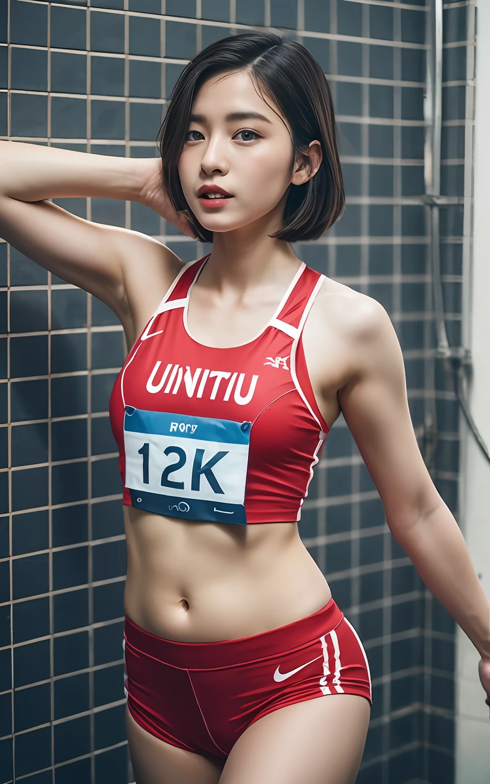 extremely detailed CG unity 8k wallpaper, best quality, ultra-detailed, masterpiece, realistic, photo realistic, extremely detailed cute girl, 25years old, (wearing Track and Field Uniforms), (race bib), blush , belly button, Half body shot , shower room , short hair