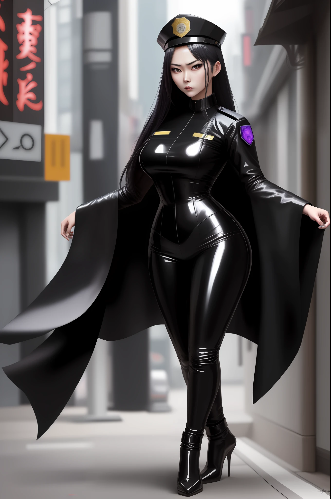 arafed woman in a police uniform posing for a picture, very sexy outfit, wearing atsuko kudo latex outfit, captivating and enticing, wearing black latex outfit, imposing and dominating, sexy outfit, full body xianxia, elegant glamourous cosplay, anya from spy x family, cyberpunk angry gorgeous goddess, gorgeous maid, japanese goddess, mistress