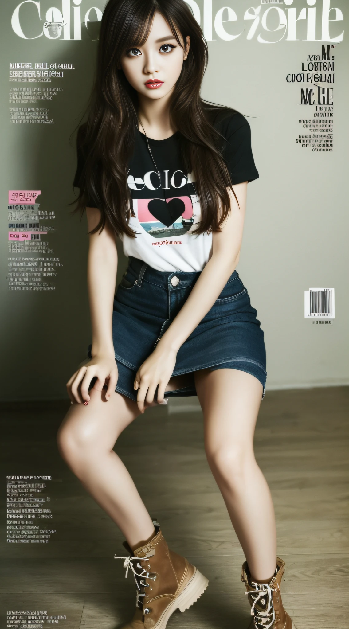 A super beautiful girl,Big bright eyes,Cool feeling,(Fashion magazine Cole:1.3),(mini skirt, graphic tee, combat boots)
