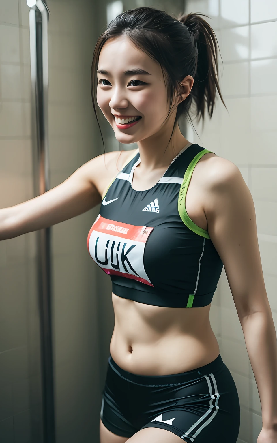 extremely detailed CG unity 8k wallpaper, best quality, ultra-detailed, masterpiece, realistic, photo realistic, extremely detailed cute girl, 25years old, (wearing Track and Field Uniforms), (race bib), smile , belly button, Half body shot , shower room   , short hair