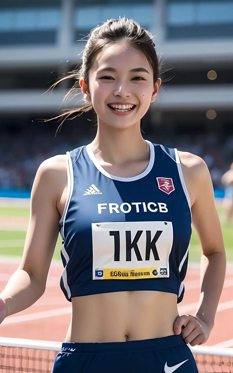 extremely detailed CG unity 8k wallpaper, best quality, ultra-detailed, masterpiece, realistic, photo realistic, extremely detailed cute girl, 25years old, (wearing Track and Field Uniforms), (race bib), smile , belly button, Half body shot , track-and-field arena ,   short hair