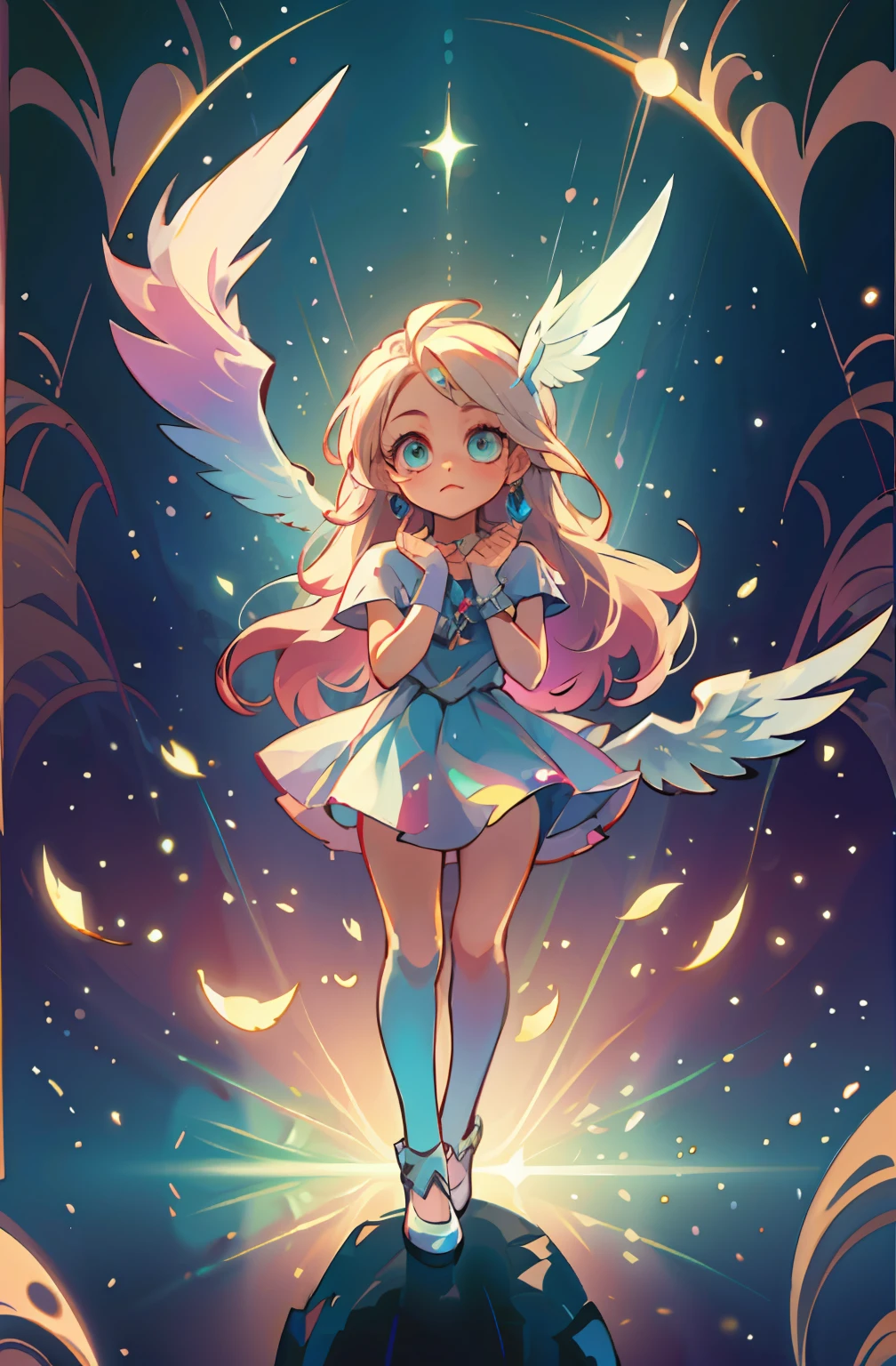 (Chibi: 1.3) (Masterpiece: 1.4), (Best Quality: 1.4), (Very Cute Angel Girl, Super Detailed Face, Jewel-like Eyes, White Very Long Hair, Colorful Gradient Hair: 1.4), (Angel Ring: 1.4), (Angel Wings: 1.4), (Full body, perfect 2 arms, perfect 2 legs: 1.4), Perfect 4 fingers: 1 thumb, light, shine, bokeh, super fin