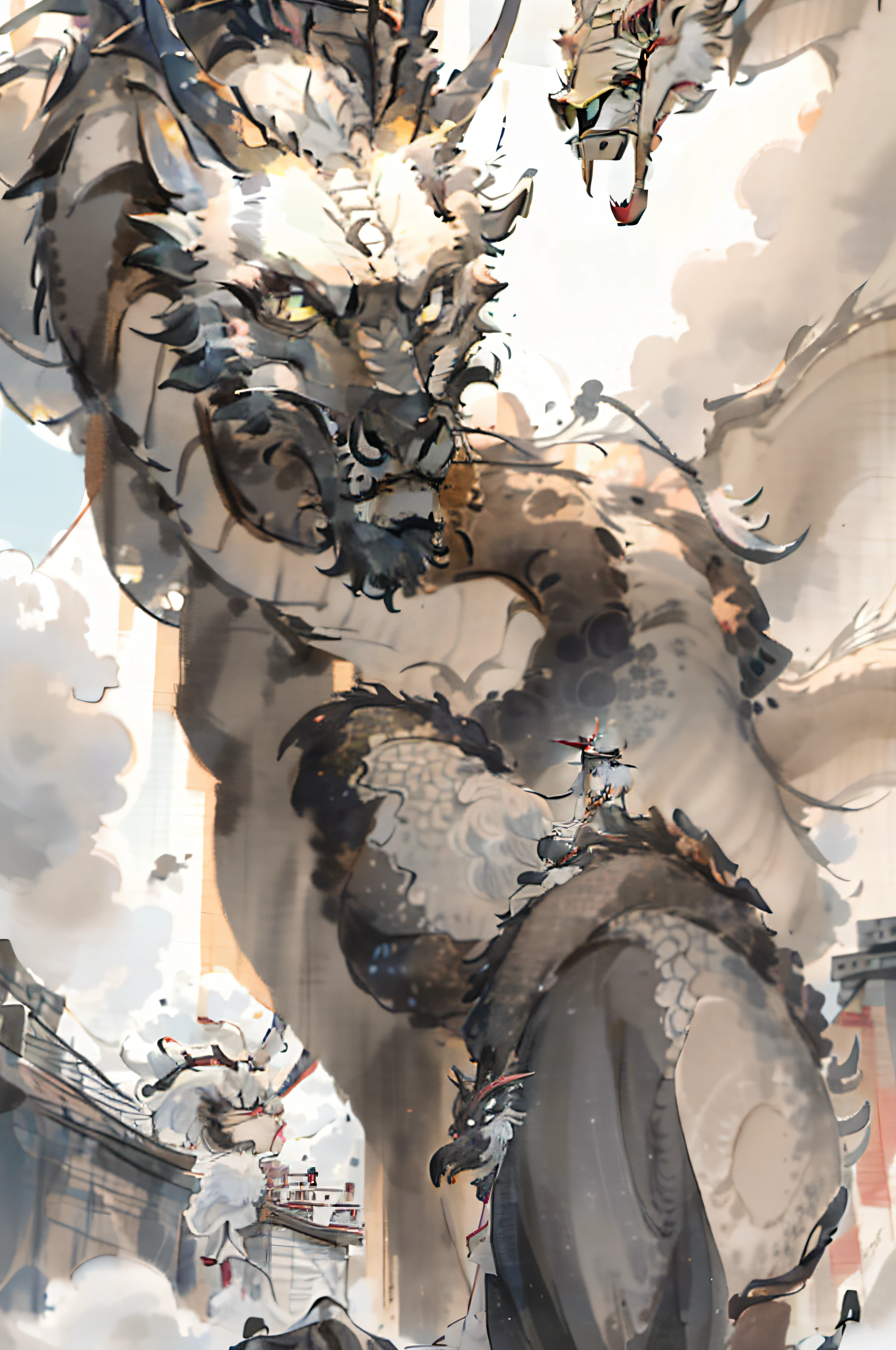 chinesedragon， drak， letterbox， halter， exteriors， The bird， standing on your feet， ​​clouds， 1boys， arma， from back， Skysky， mostly cloudy sky， Critters， holdingweapon， a Oriental Dragons， Ogre， 1other， bucket-hat， Mist，dragon claw，Traditional chinese painting