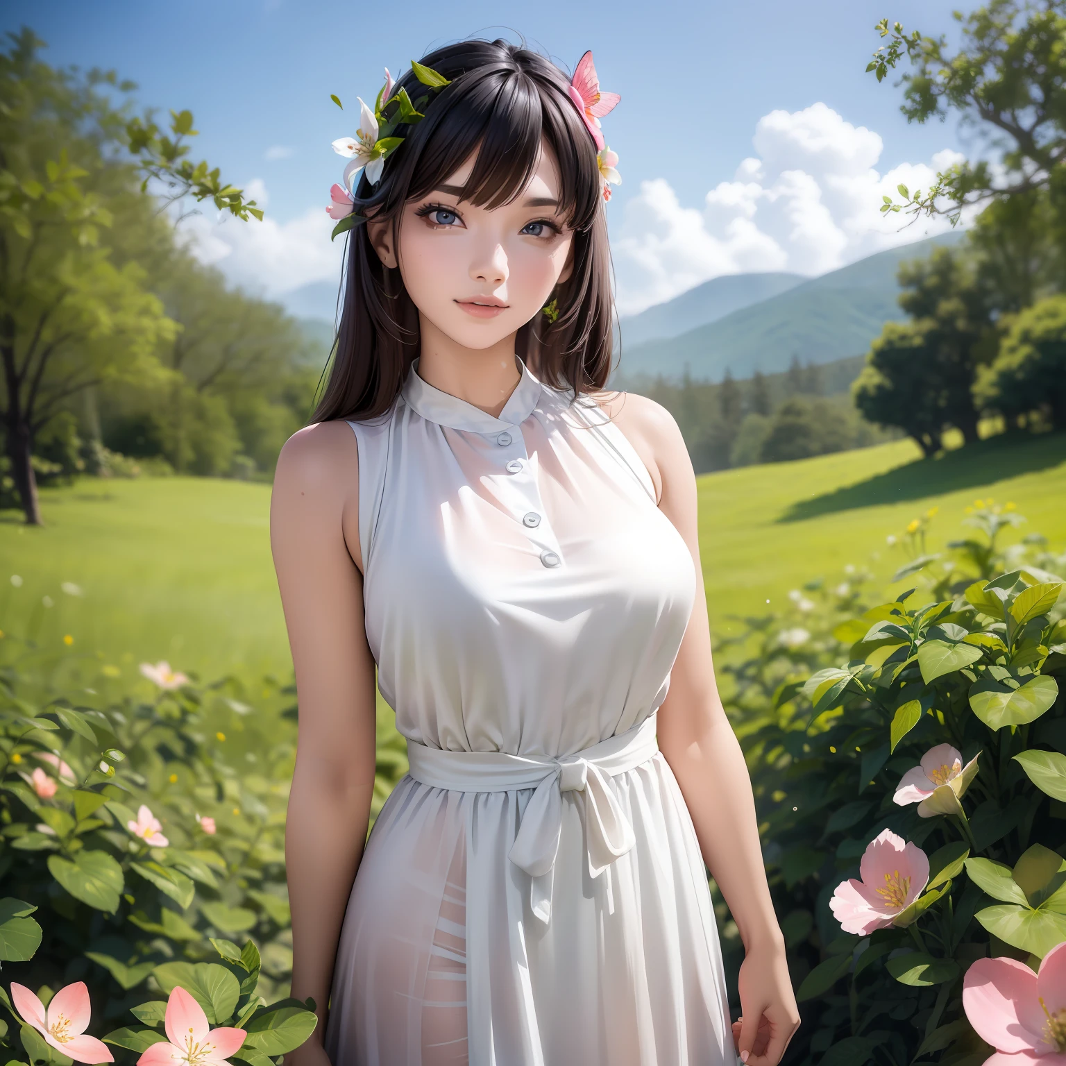 masterpice, (best quality), ((best detailed)), depth of field, a beautiful girl, beautiful face, nature, spirit, blossom, colorful landscape, flowers, butterflys, glowing dress, elements