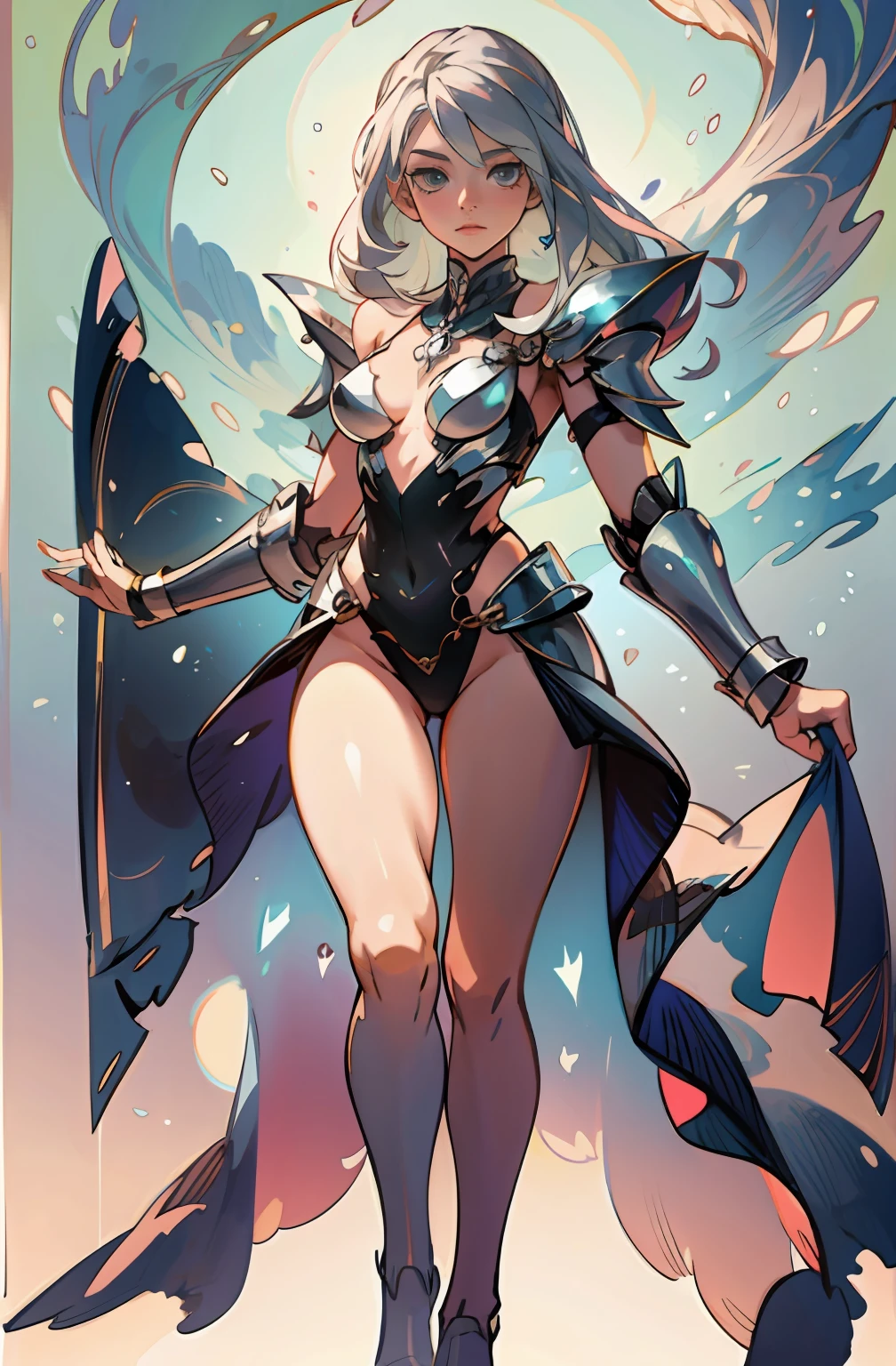 Master anime work, impeccable masterpiece, a mature female character wearing sexy transparent armor standing on a pure white background, flowing silver hair, full body standing, slender legs, straight breasts, detailed face details, natural and beautiful standing, vivid and real body details