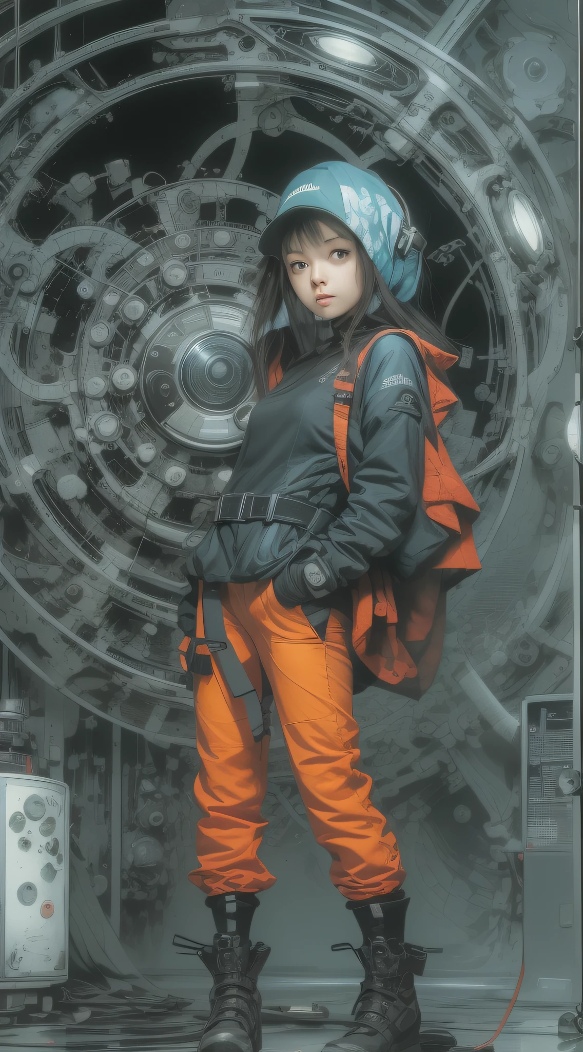 1cute girl with techwear clothes, mechanic spider, circles, fractals, by Yoshitaka Amano, Travis Charest, Jason Pearson