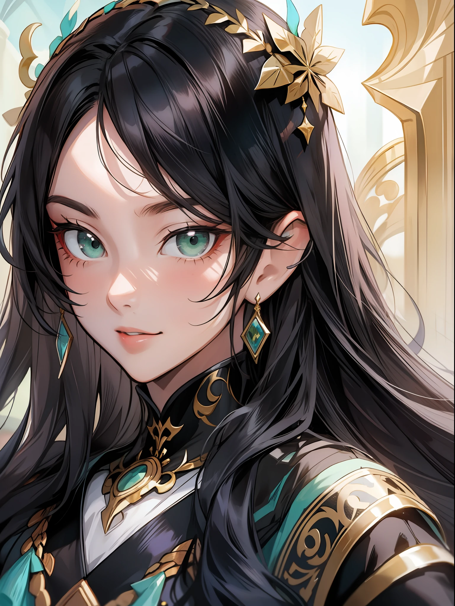 Foco feminino, menina de cabelos negros (cabelo preto: 1.3) corridas enormes, pupilas negras, olhos pretos, ela tem olhos pretas, Usando um hanfu de magia verde, An extremely important personage who received a divine revelation from the heavens, personagem no centro, detalhes intricate, melhor arte, manga front cover