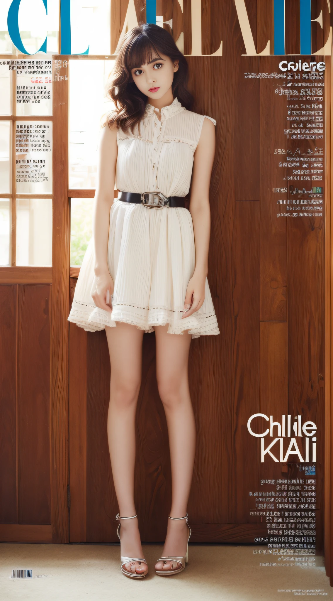A super beautiful girl,Big bright eyes,Cool feeling,(Fashion magazine Cole:1.3),(shirt dress, statement belt, ankle-strap heels)