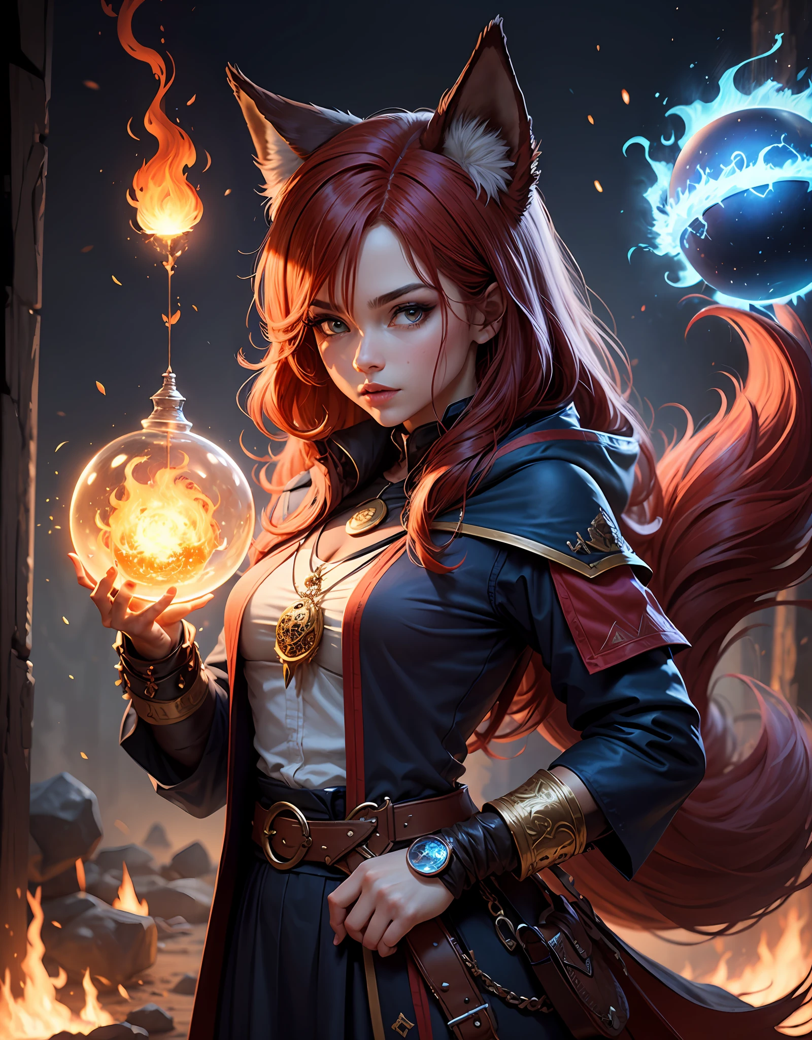 fundo preto, Red-haired magical wolf woman dressed as adventurous wizard with red hairy tail, with big blue fireball in his right hand, encostada na parede do lado direito disparando a bola de fogo azul para a esquerda, com vento de fogo azul passando por ela.
