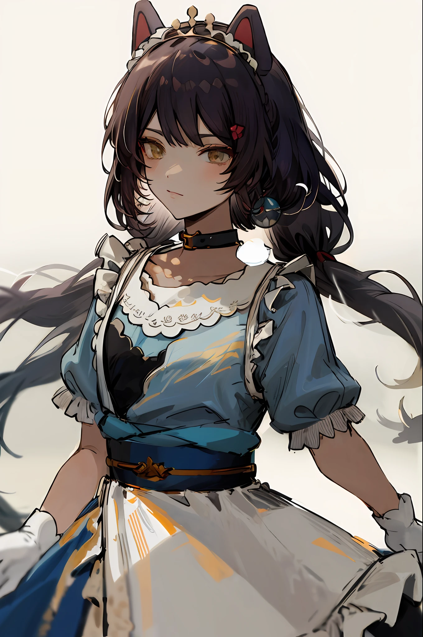 lh1, long hair, tiara, blue dress, jewelry, white gloves, earrings, choker, frills, braid, puffy short sleeves