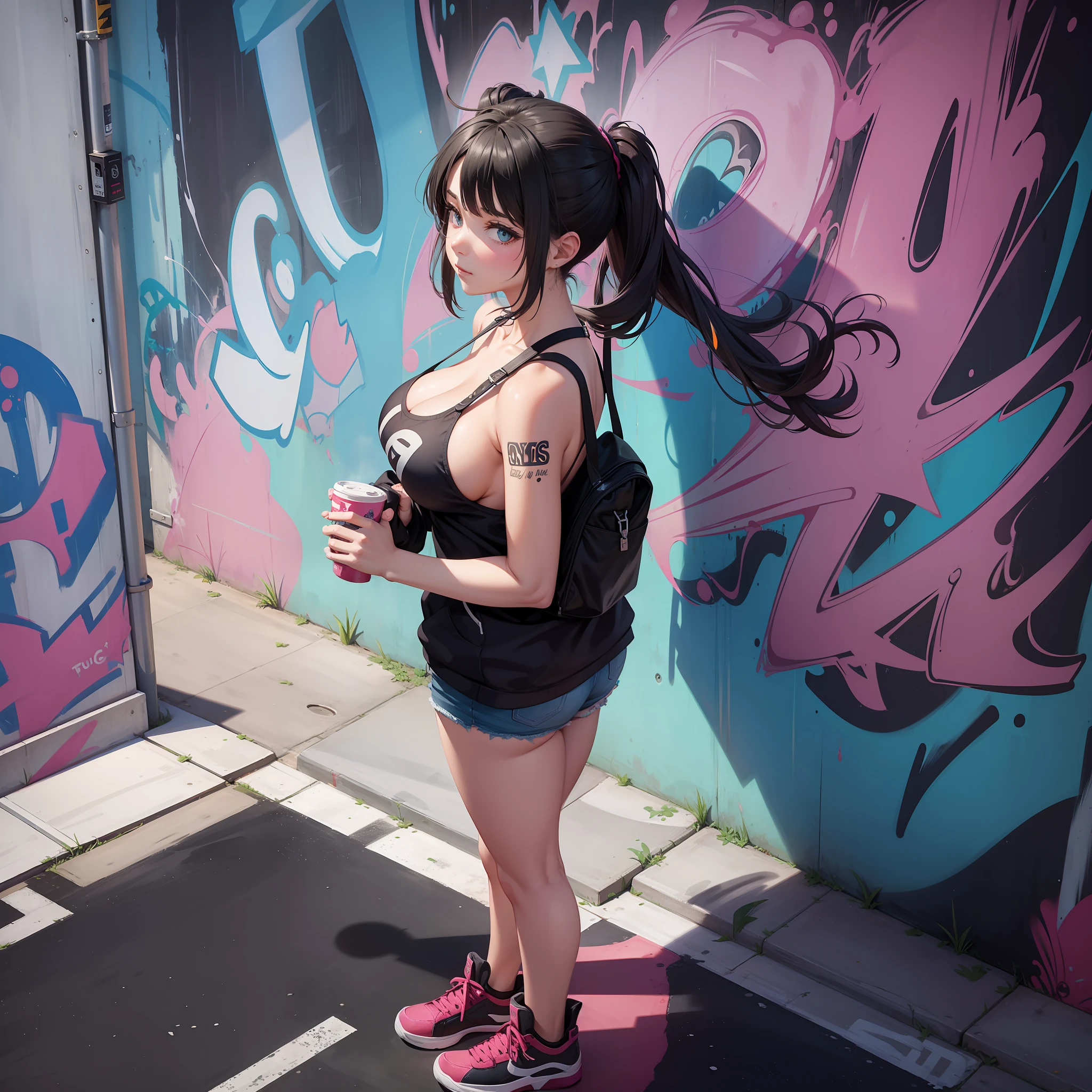 City streets in the United States, Big breasts girl street graffiti, Back alley、Graffiti artist spray painting wall, paint splatter, hyper HD, A high resolution, Masterpiece, ccurate, High details, High quality, Super detail