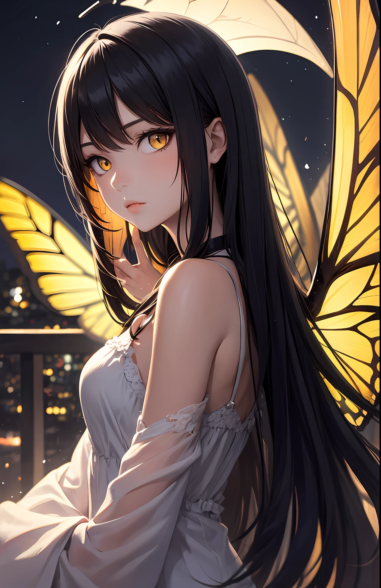 masterpiece, best quality, 1girl, black hair, yellow eyes, long hair, butterflys, night, upper body,