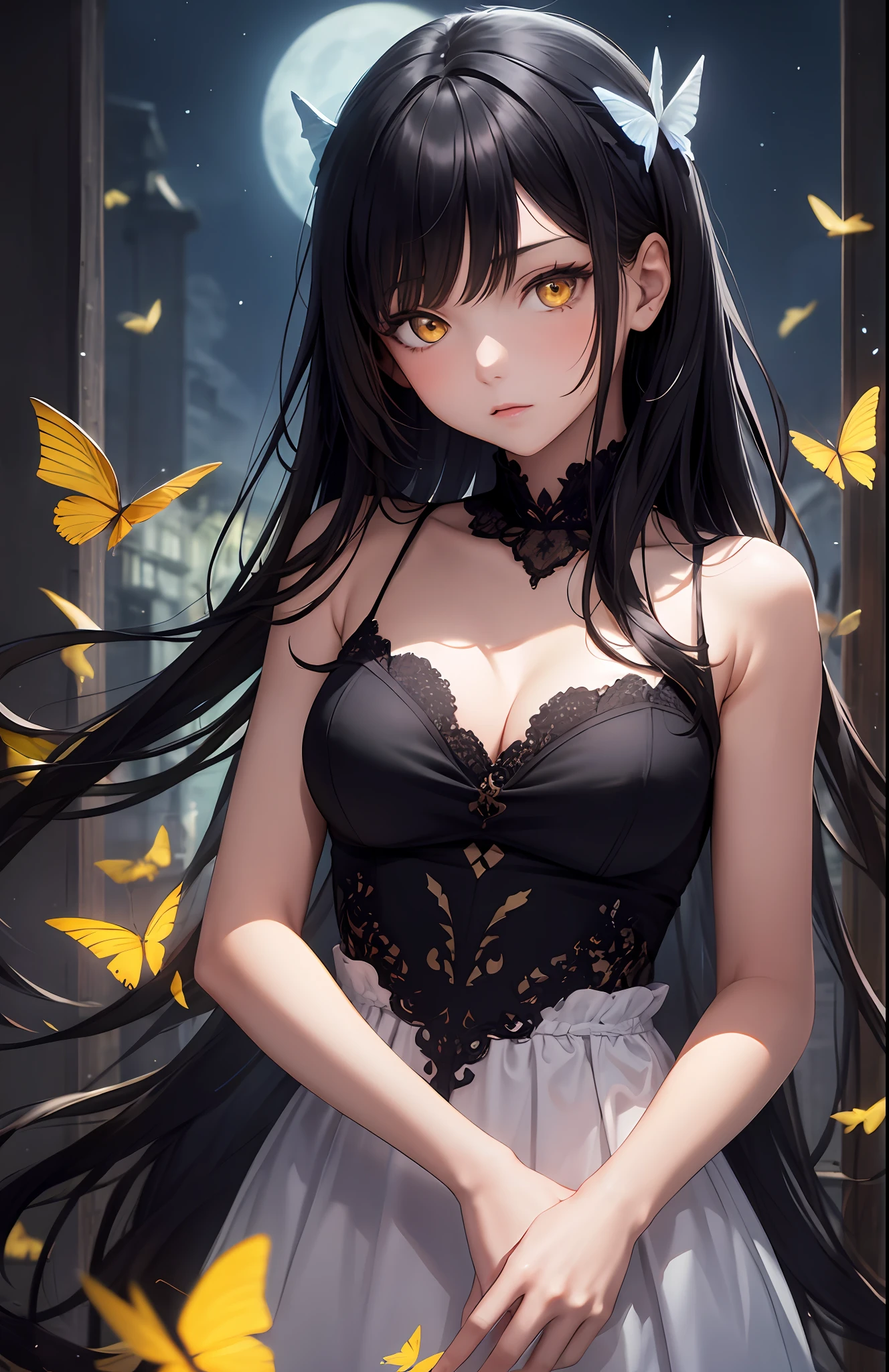 masterpiece, best quality, 1girl, black hair, yellow eyes, long hair, butterflys, night, upper body,
