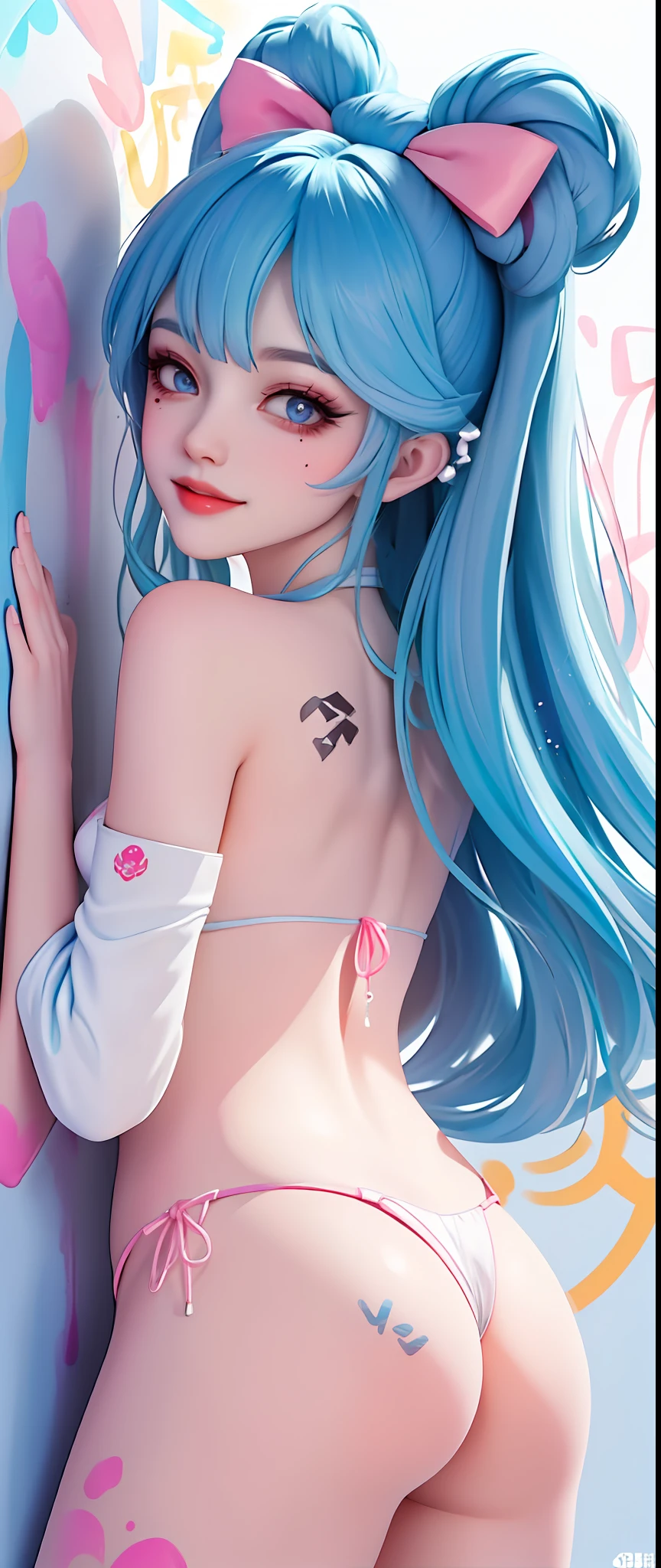 1girll, Black bow, Black gloves, black sock, Blue eyes, ((Blue hair)), bow, 鎖骨, Drill hair,mitts, Gwen\(League of Legends\), hair adornments, A high resolution, League of Legends, Long hair, Split lips, swollen sleeves, Pink pupils, Smile, Solo, X, 10th Hair Accessories, Large breasts, Indoors, Half_Naked, (((ahegao))), (((Tiny micro bikini)))), mischievous look, Naughty smile,(((Back alley、Graffiti artist spray painted wall，paint splatter)))