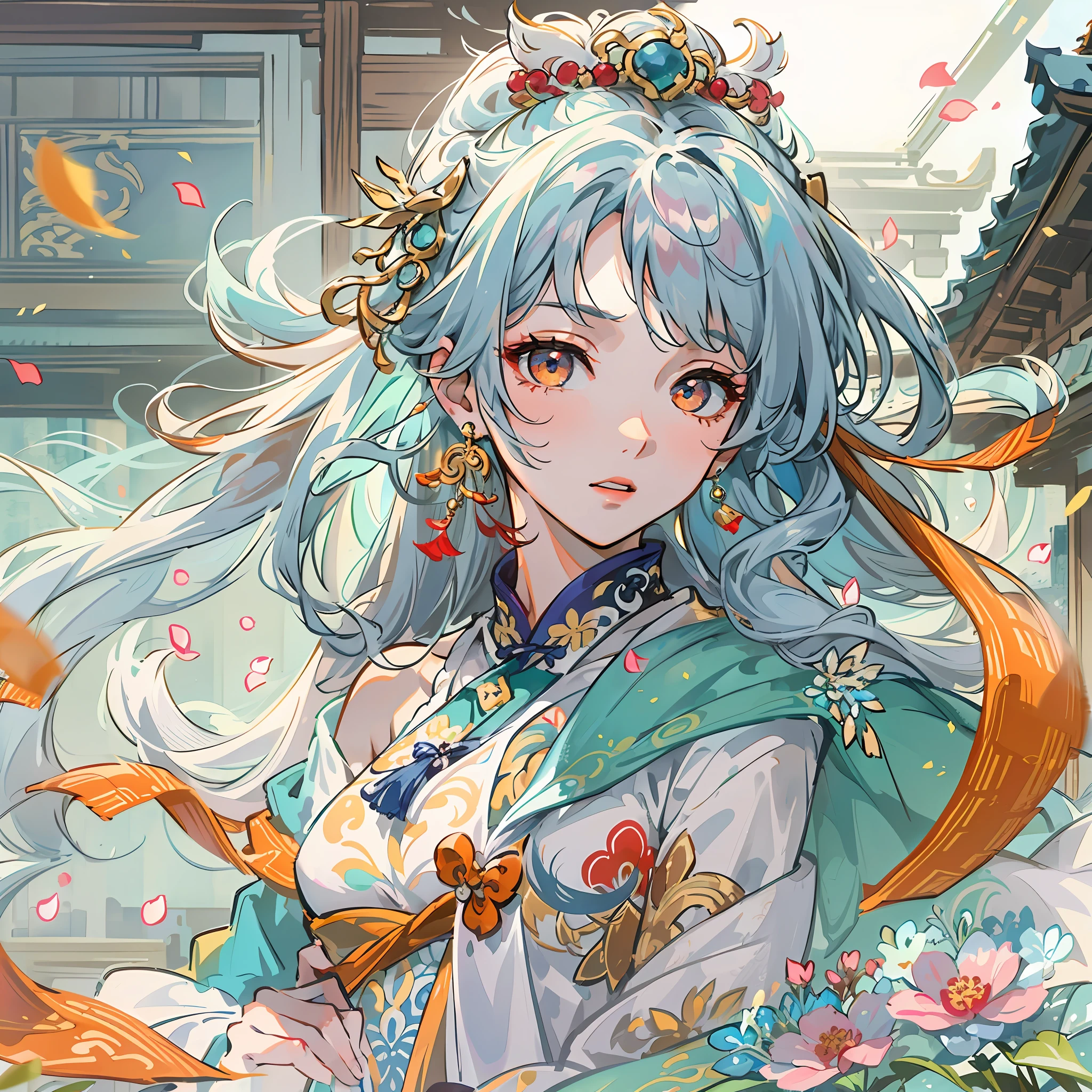 Mature girl ，Dark orange eyes，Blue-white hair color，Floating hair，Delicate and agile eyes，Intricate damask hanfu，Gorgeous accessories，Wearing pearl earrings，fov，f/1.8，tmasterpiece，Ancient Chinese architecture，blue-sky，Petals flying，Frontal portrait shot，Chang'e，Side lighting，The sun shines on people，16k