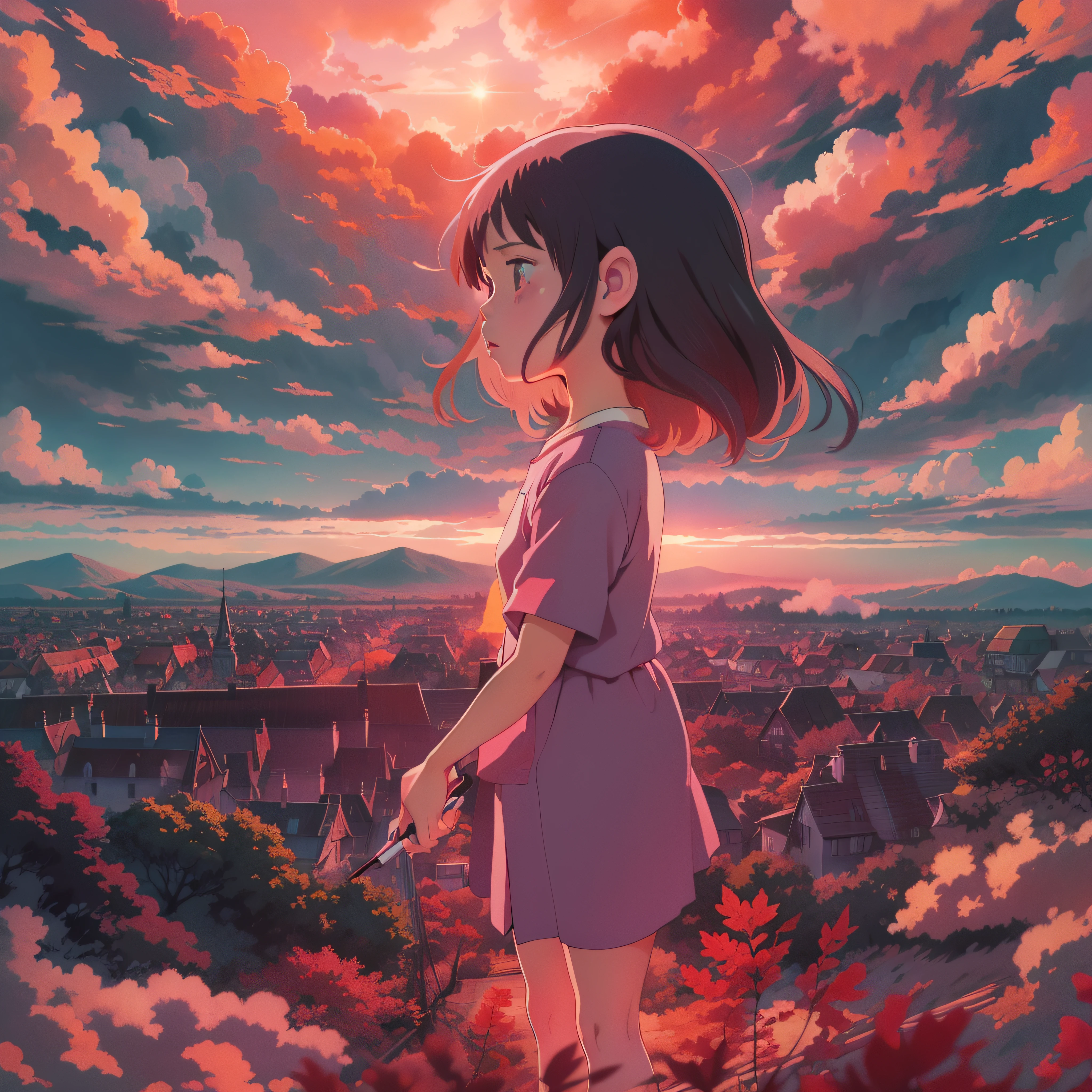 animesque、Skyscape with clouds、Red sunset sky、Deities々Shikai、You can see the touch of the brush、Studio Ghibli、Ghibli、a sultry、Scenery、Style、The light is sparkling