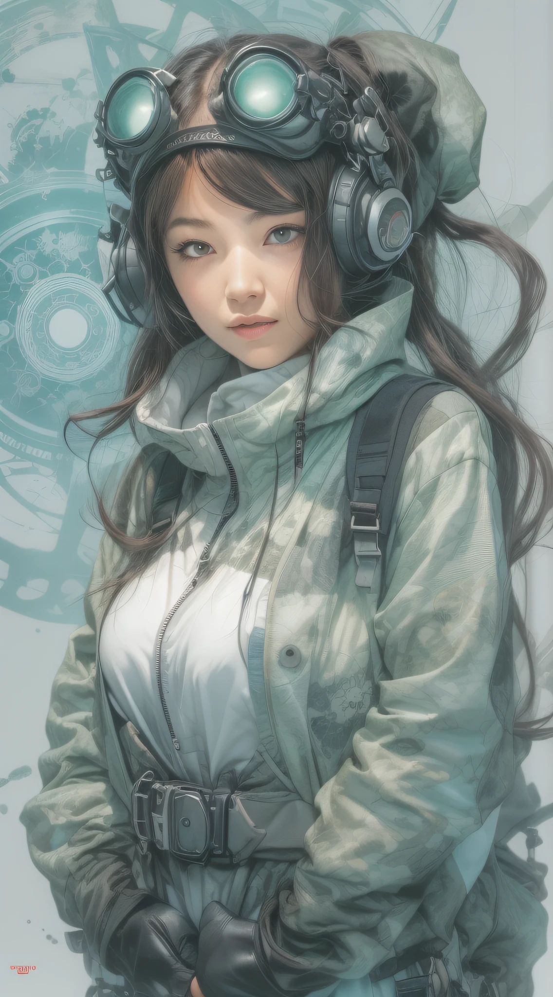 1cute girl with techwear clothes, mechanic spider, circles, fractals, by Yoshitaka Amano, Travis Charest, Jason Pearson