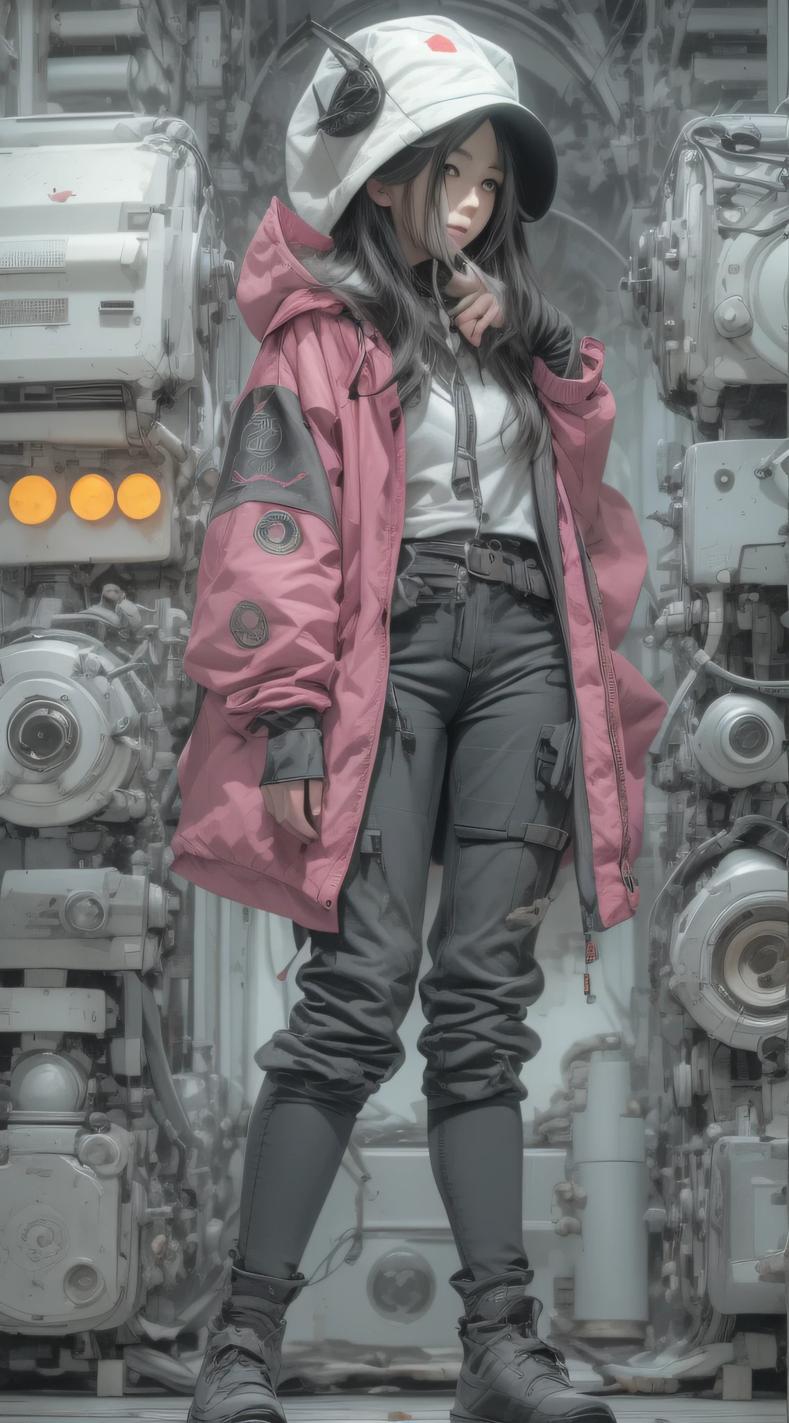 1cute girl with techwear clothes, mechanic spider, circles, fractals, by Yoshitaka Amano, Travis Charest, Jason Pearson