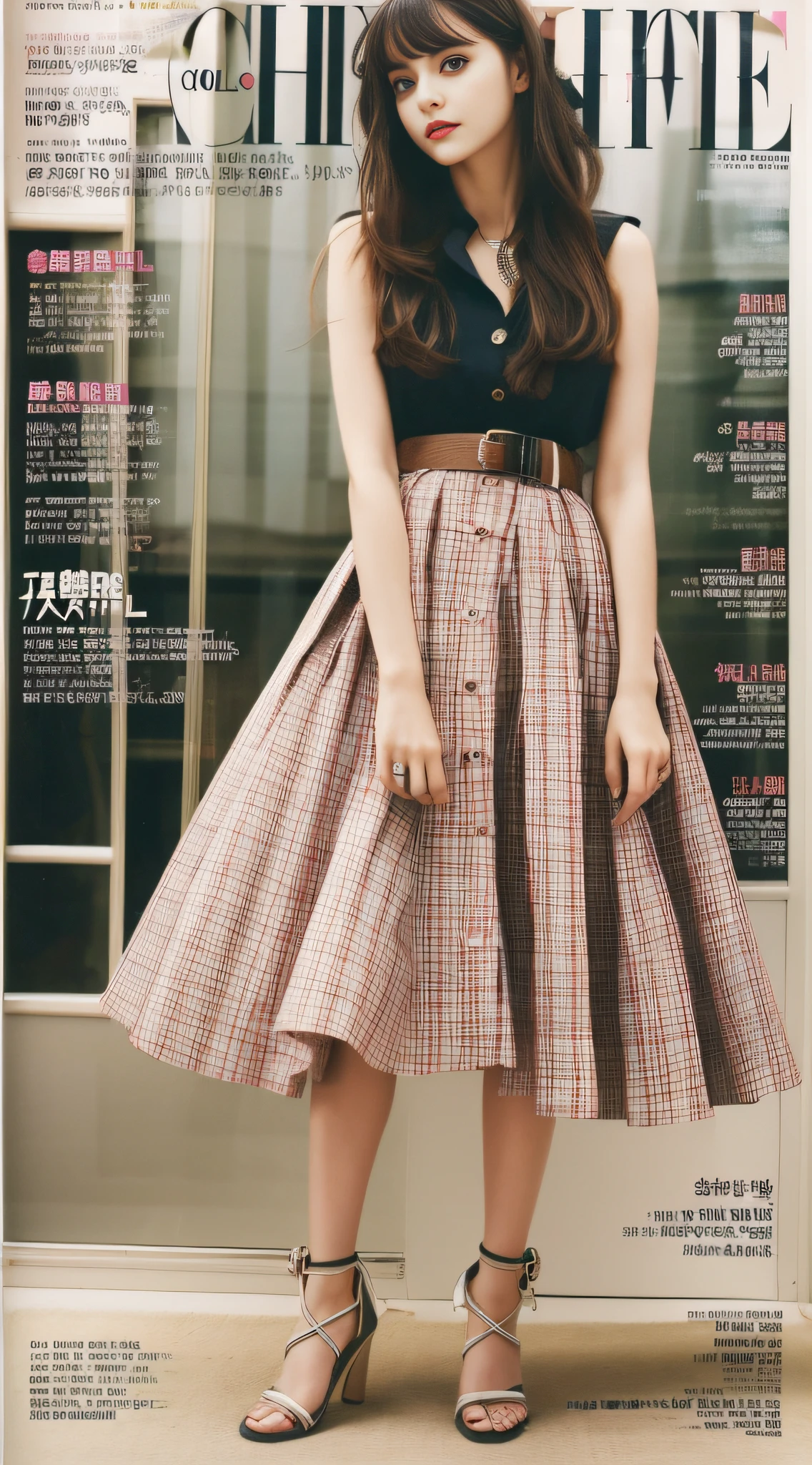 A super beautiful girl,Big bright eyes,Cool feeling,(Fashion magazine Cole:1.3),(shirt dress, statement belt, ankle-strap heels)
