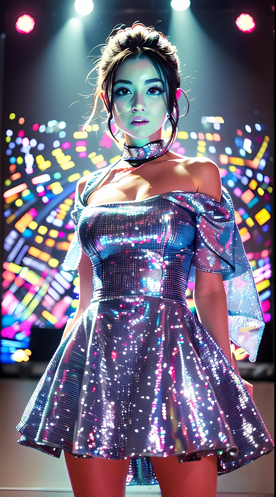 A woman in a short dress standing on a stage with spotlights, figura de cera, imagem promocional do filme, foto de retrato de corpo inteiro, Pose Glamour, pernas elegantes, pose de glamour, usando um vestido cintilante, Pose glamourosa, em uma saia brilhante, usando vestido azul, em vestido azul, Directed by: Julia Pishtar, filme promocional ainda, modeling photography, pose estilosa, foto do cartaz