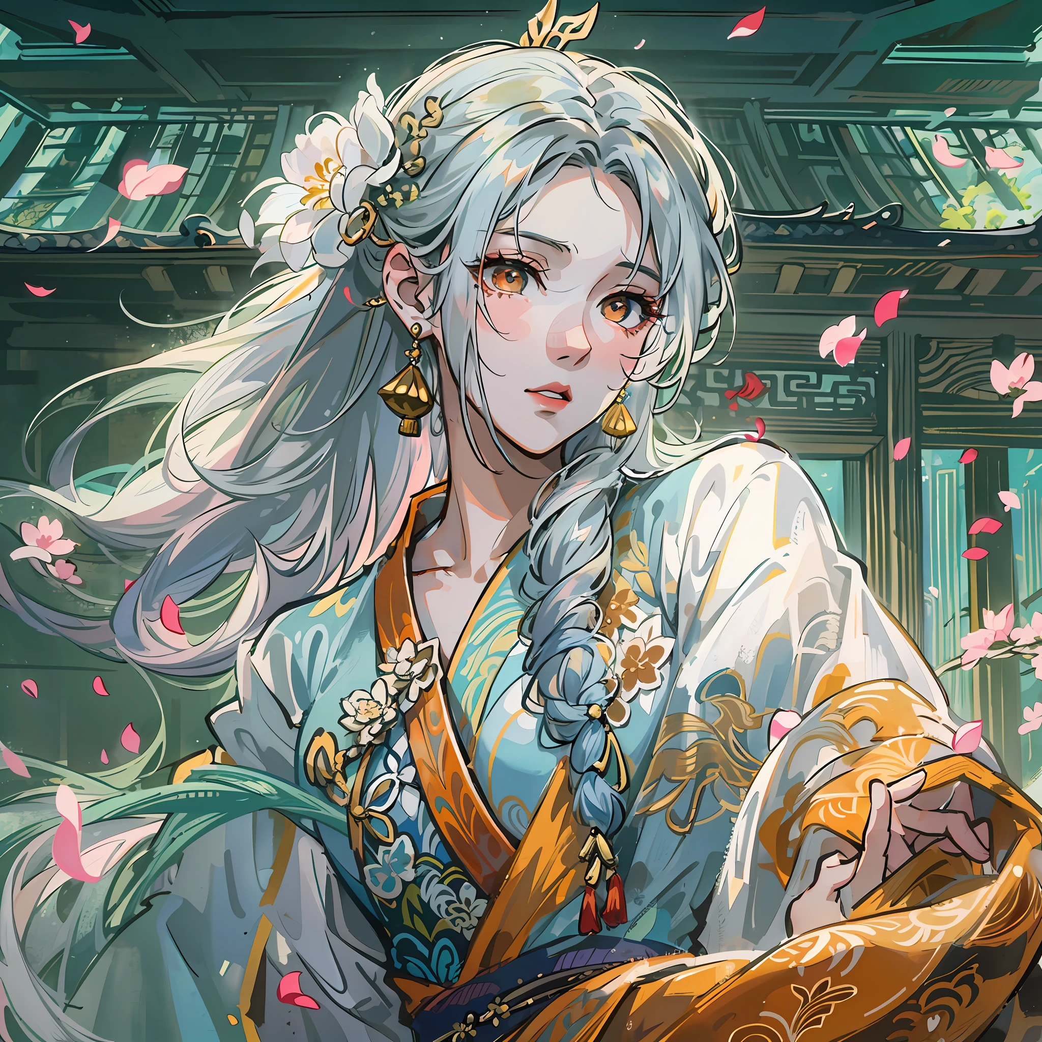 Mature girl ,Dark orange eyes,Blue-white hair color,Floating hair,Delicate and agile eyes,Intricate damask hanfu,Gorgeous accessories,Wearing pearl earrings,fov,f/1.8,tmasterpiece,Ancient Chinese architecture,blue-sky,Petals flying,Frontal portrait shot,Chang'e,Side lighting,The sun shines on people,16k
