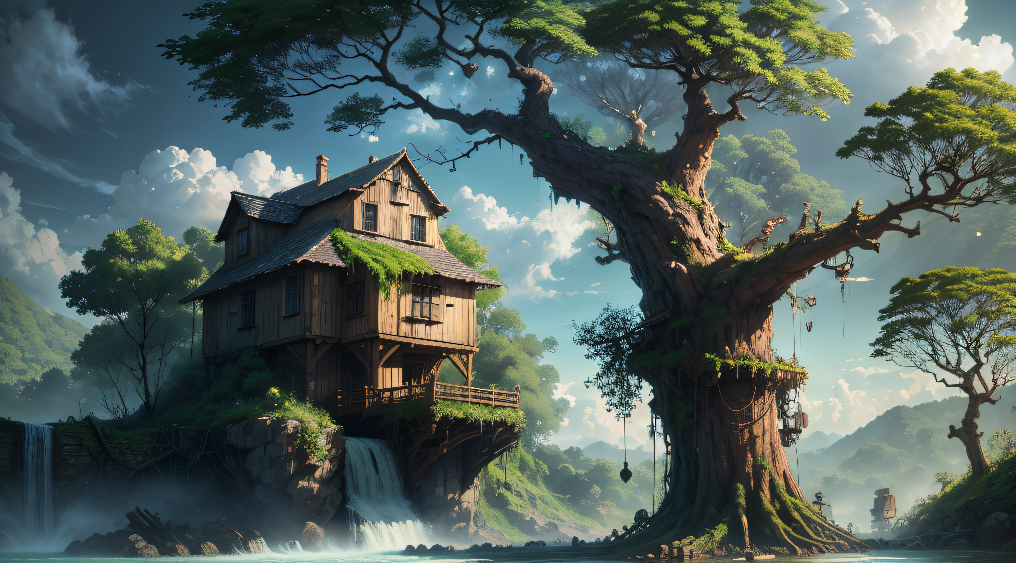 Gigantic colorful trees with many vines, palmeiras, coqueiro, fallen logs, a watermill with a waterwheel, moinho de vento, numa cachoeira exuberante, rio com grandes rochas hiper realista, sky with clouds, sol, lua, global ilumination, profundidade de campo,
