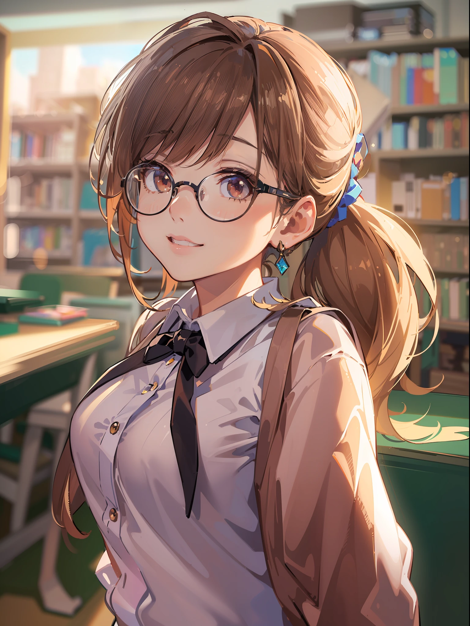 (((Masterpiece))),(((Best quality))),(((Amazing detail))),((illustration)),((A high resolution)),((8K)),((Anatomically correct)),Brown long hair,High ponytail,Delicate hair,a matural female,black-frame glasses,Light smile,adjusting eyewear,angle of view,Anime,Depth of field,Classroom Background,Sunset,Soft light,From above,Lens flare