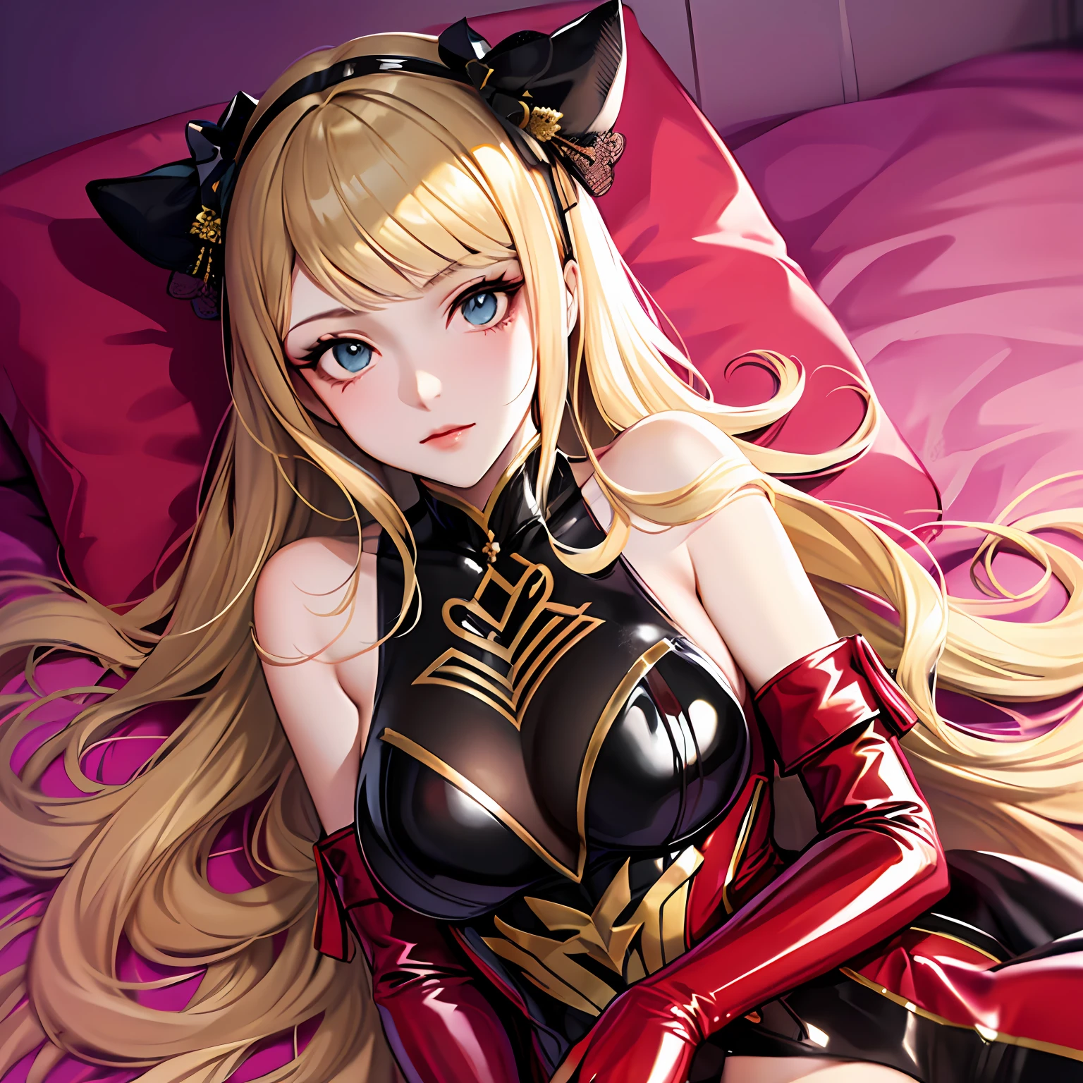 Woman with red latex blonde hair lying on a bed, anime sedutora, Anime Garota Cosplay, Ann Takamaki de Persona 5, gama murata e artgerm, anime hiper realista, Pose sexy, Gravidade Rush Inspirado, aluna hiperrealista, anime fotorrealista |, Cosplay glamouroso elegante, uma aluna hiperrealista, sentada em sua cama, Cosplay glamouroso