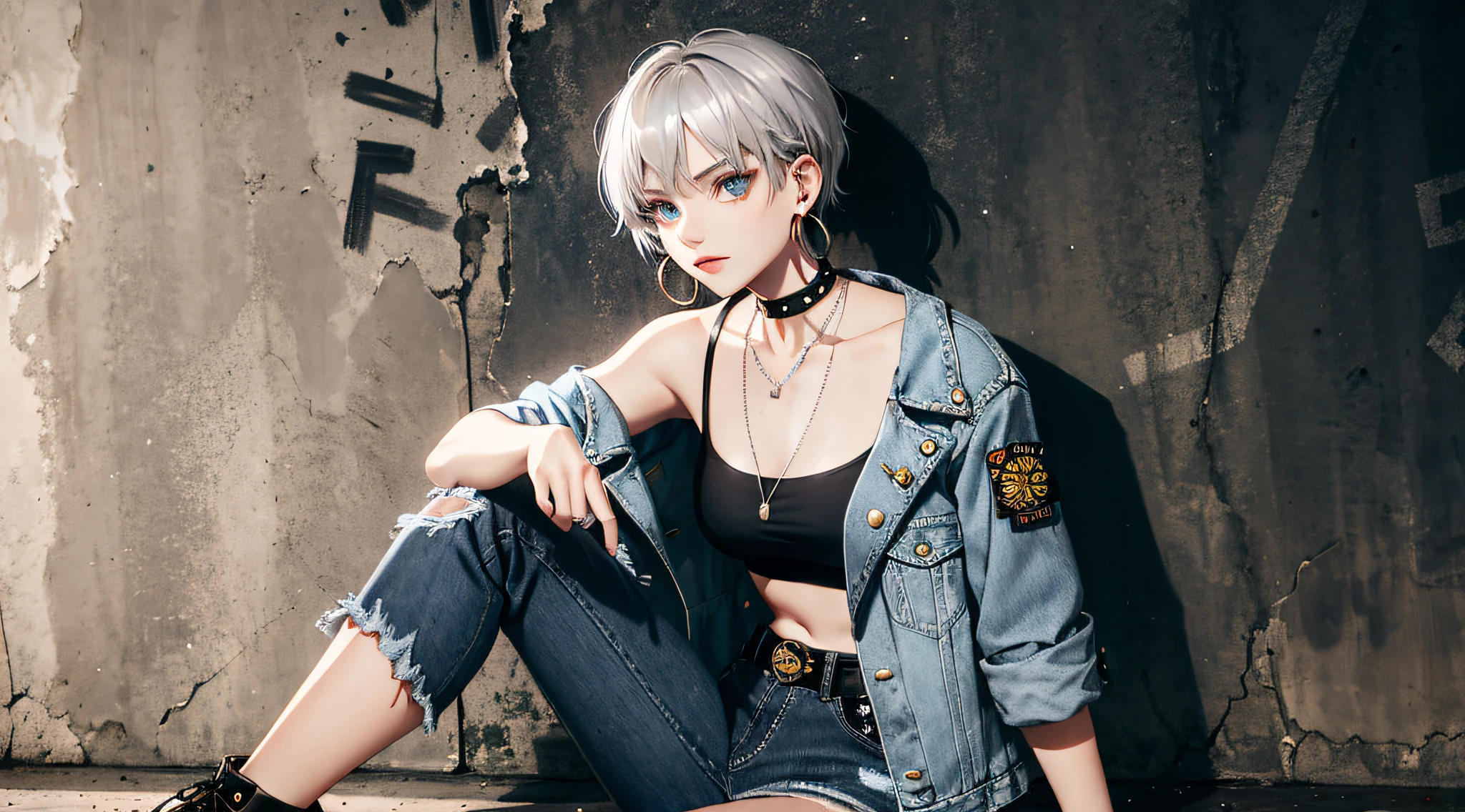 (masterpiece:1.2, best quality), 1lady, solo, upper body, Hair: buzz cut, Clothing: oversized, distressed denim jacket with patches and pins, paired with black skinny jeans and combat boots, Accessories: silver hoop earrings and a black choker necklace, Hanging out in an underground music venue or street art exhibit