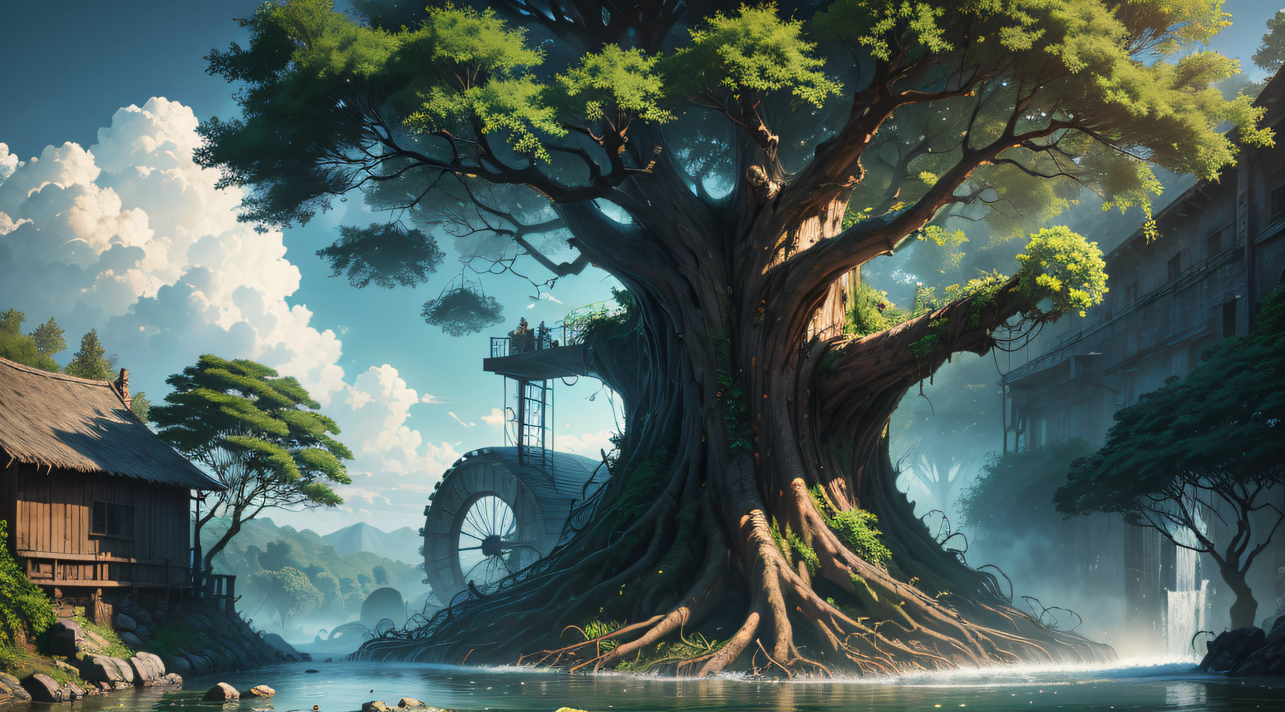Gigantic colorful trees with many vines, palmeiras, coqueiro, fallen logs, a watermill with a waterwheel, moinho de vento, numa cachoeira exuberante, rio com grandes rochas hiper realista, sky with clouds, sol, lua, global ilumination, profundidade de campo,