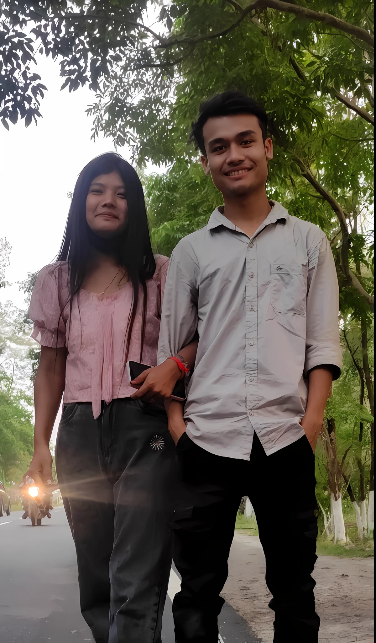 there are two people standing on the street with a light on, lovely couple, couple, with sunset, with her long, nivanh chanthara, in a park, during sunset, photo taken in 2 0 2 0, at a park, happy couple, taken in the early 2020s, couple pose, taken at golden hour, picture