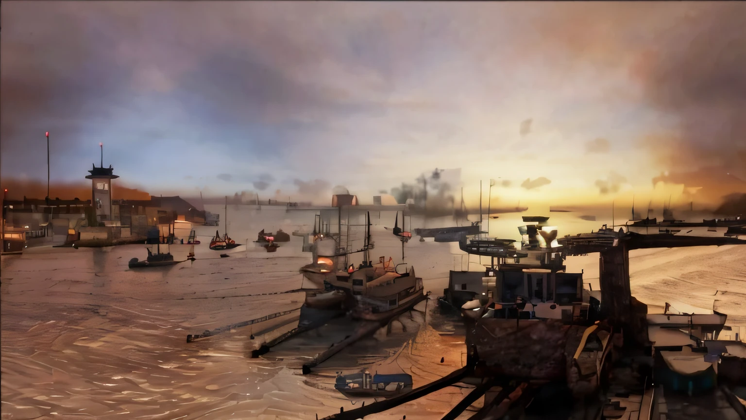 Bustling scene of Caoyun，There is a photo of a ship in the port, Ultra-wide movie view, 3 6 0 capture, 3 6 0 render panorama, realistic unreal engine 3 d game, ultrawide cinematic 3d render, Movie tone mapping, port scene background, Game CG, panoramic widescreen view, Beautiful rendering of the Tang Dynasty, Global illumination HDRI