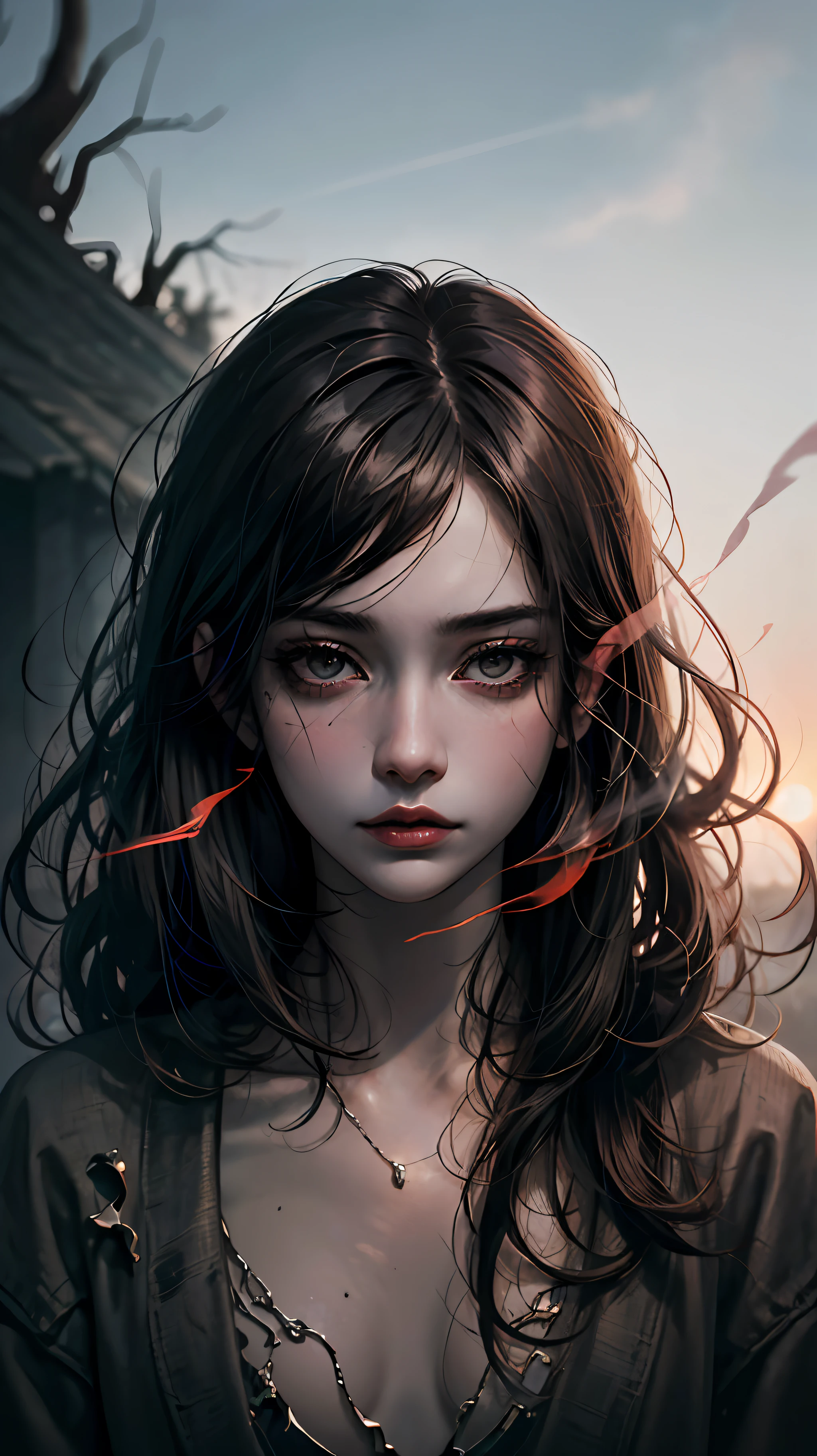 A beautiful girl, full body, horror, broken, twisted, sky, fog, smoke, dust, dark forest, shadow creature, Junji Ito, masterpiece, super high resolution, high quality, movie lighting, --auto