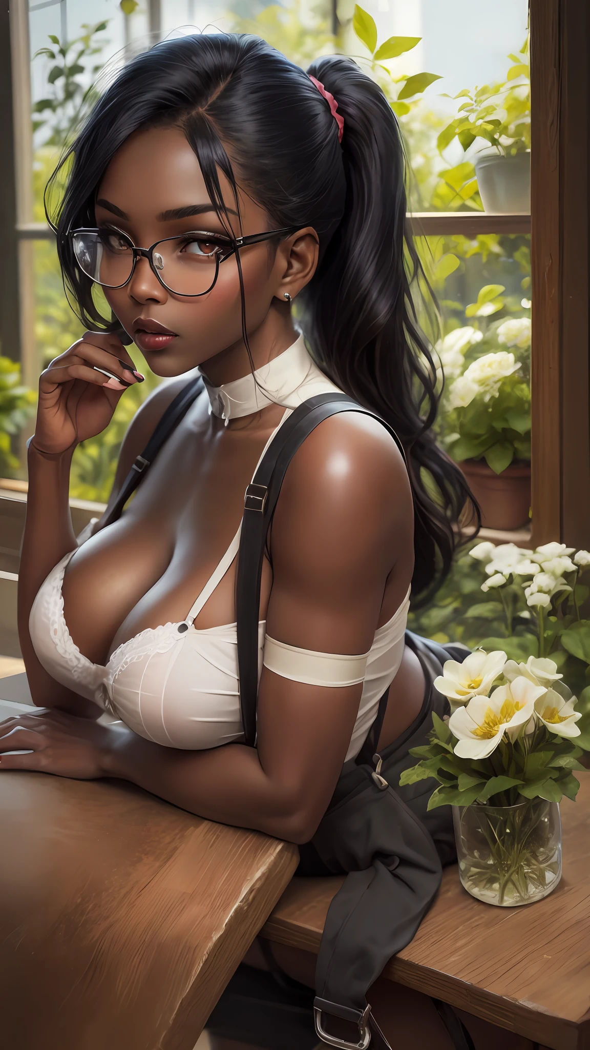 Masterpiece, highest quality, high resolution, extreme detail, 1 woman, 18 year old female with dark skin bent over a table, chest on table, dark skin, large breasts, dark lips, eye liner, blushing cheeks, long black hair in 2 very large pony tails, khaki gingham skirt, lace panties, white thigh high stockings, (suspenders:1.5), glasses, seductive look, looking at camera, 3/4 long shot, cowboy shot, greenhouse, flowers, next to large windows, stained glass windows,