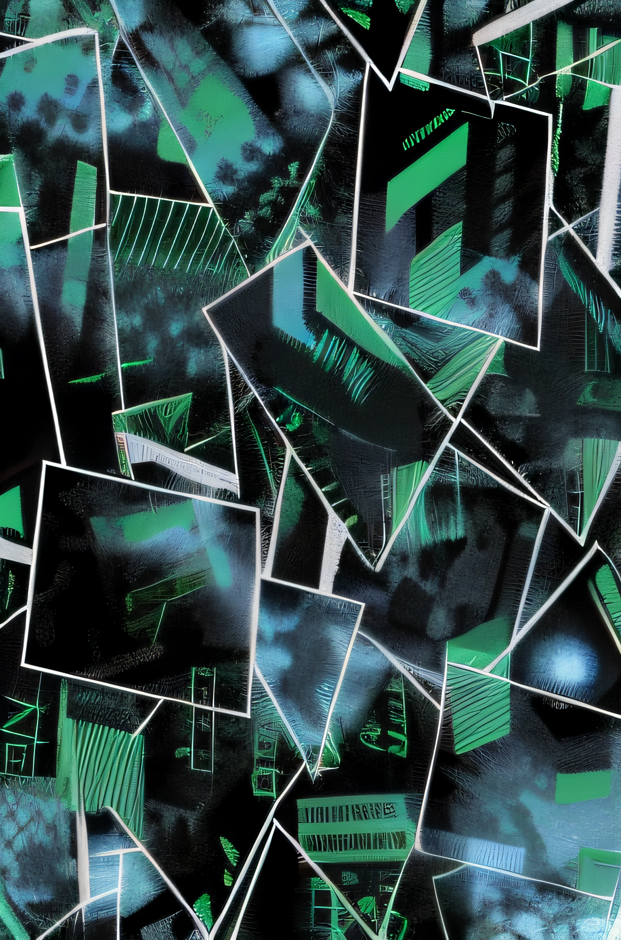 Close-up of a pile of green and black paper, Black and teal paper, abstract album cover, Screen printing textures, fragmented typography, overlaid with aizome patterns, Textured city at night, vhs static overlay, abstract conceptual, abstract art representing data, Abstract illustration, anime screenshot pattern, Network mode, textile print, cybernetic wallpaper --auto